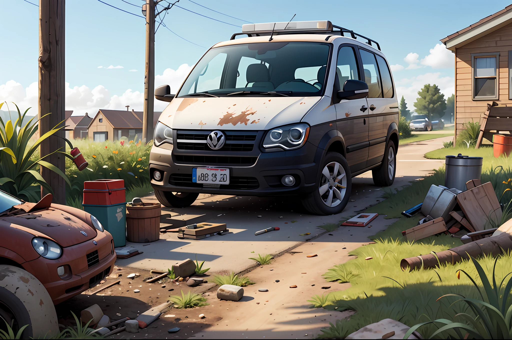 The courtyard of the family home features the presence of an old Volkswagen California. abandoned T1 model, Over time，It clearly lacks care and maintenance. This VW is parked in the backyard of the house, occupying a significant portion of the space.
Their appearance shows obvious signs of abandonment. The paint has faded and peeled in many places, revealing rust stains and worn areas on its bodywork.

The windows were dirty，It was covered with dust, which makes it difficult to see from the outside. Some windows are broken or missing, and covered with makeshift plastic or wood sheets to protect the interior of the vehicle.

The exterior of the VW shows noticeable wear, with rust stains, The paint peels，Parts may be missing or damaged, such as mirrors or lights. The wheels are deflated and covered with dirt, giving the impression that the vehicle has been parked in the same place for a long period of time.

The area surrounding the VW is messy and neglected, with weeds or weeds growing around. There may be debris or abandoned items near the vehicle, contributing to a sense of abandonment and inattention in that yard space.