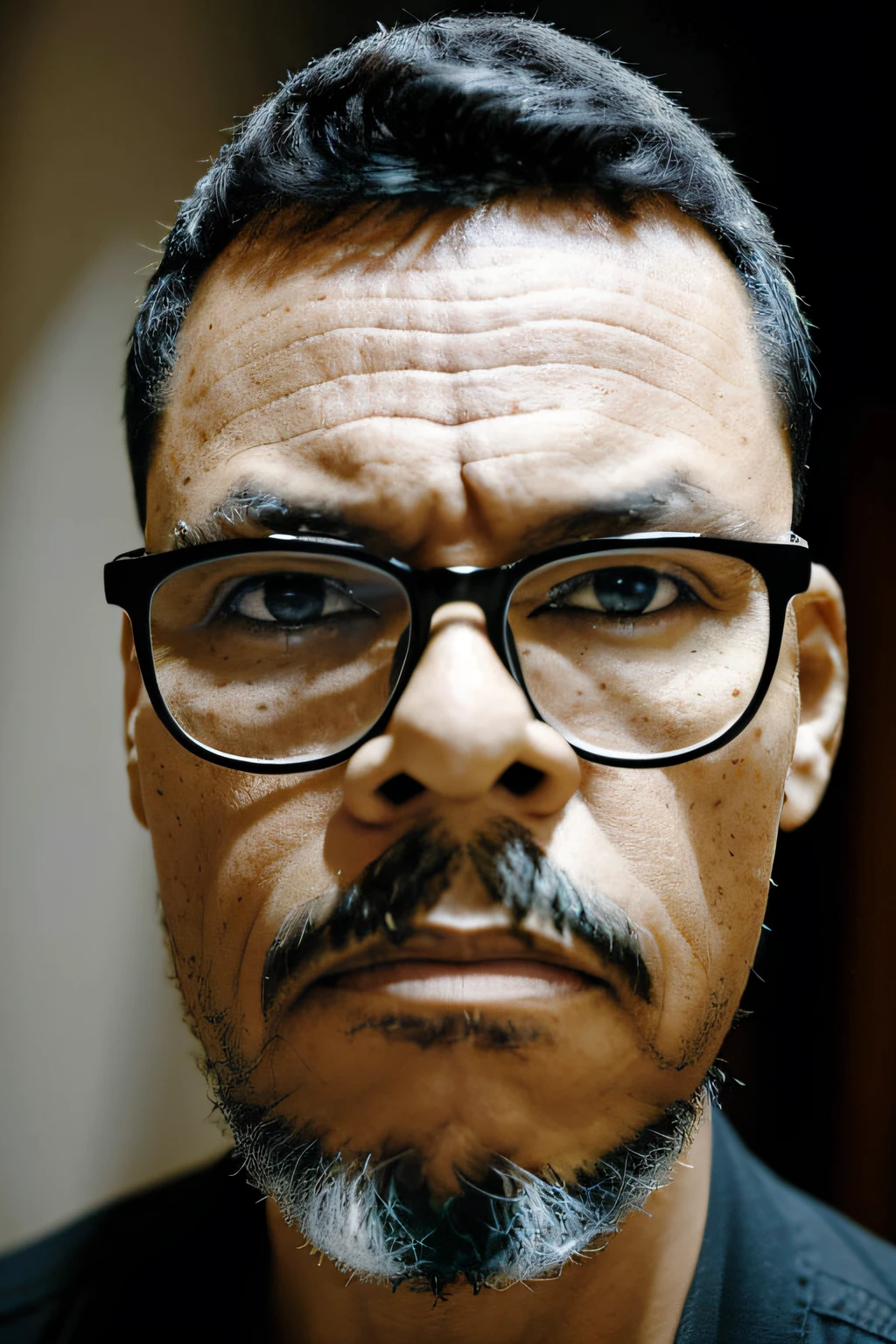 guttonerdjul23, Create a stunning portrait of a man wearing glasses, showing his captivating expression. O homem deve ter um corte de cabelo curto estilo militar, with machine-cut sides, increasing your allure. O foco deve estar em seu olhar atraente e comportamento encantador. O fundo deve ser neutro e simples, garantindo que o homem continue sendo o foco central da imagem. Pay meticulous attention to detail, como destaques e sombras no rosto e no cabelo, para criar um retrato realista e realista. Try various lighting techniques to improve the mood and atmosphere of the portrait. Look for a masterpiece that captures the true essence of this man.