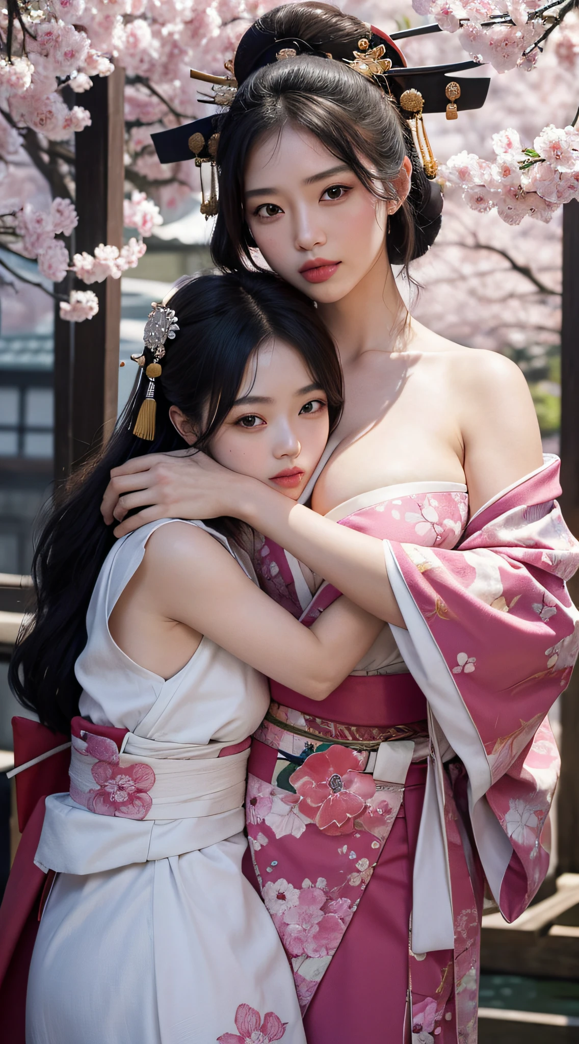 (Top image quality、8k、masuter piece:1.3))、(Realistic:1.2)、(1girl in)、28 year old、morning、Cherry blossoms and roses around、Shoulders are protruding、(huge tit)、body with constriction、(Deities々Bright luxury kimono:1.2)、(Hugging a male samurai:1.3)、long kimono、(Oiran:1.3)、Straight black hair、Delicat eyes、二重まぶた、Soft breasts、delicated face、full bodyesbian