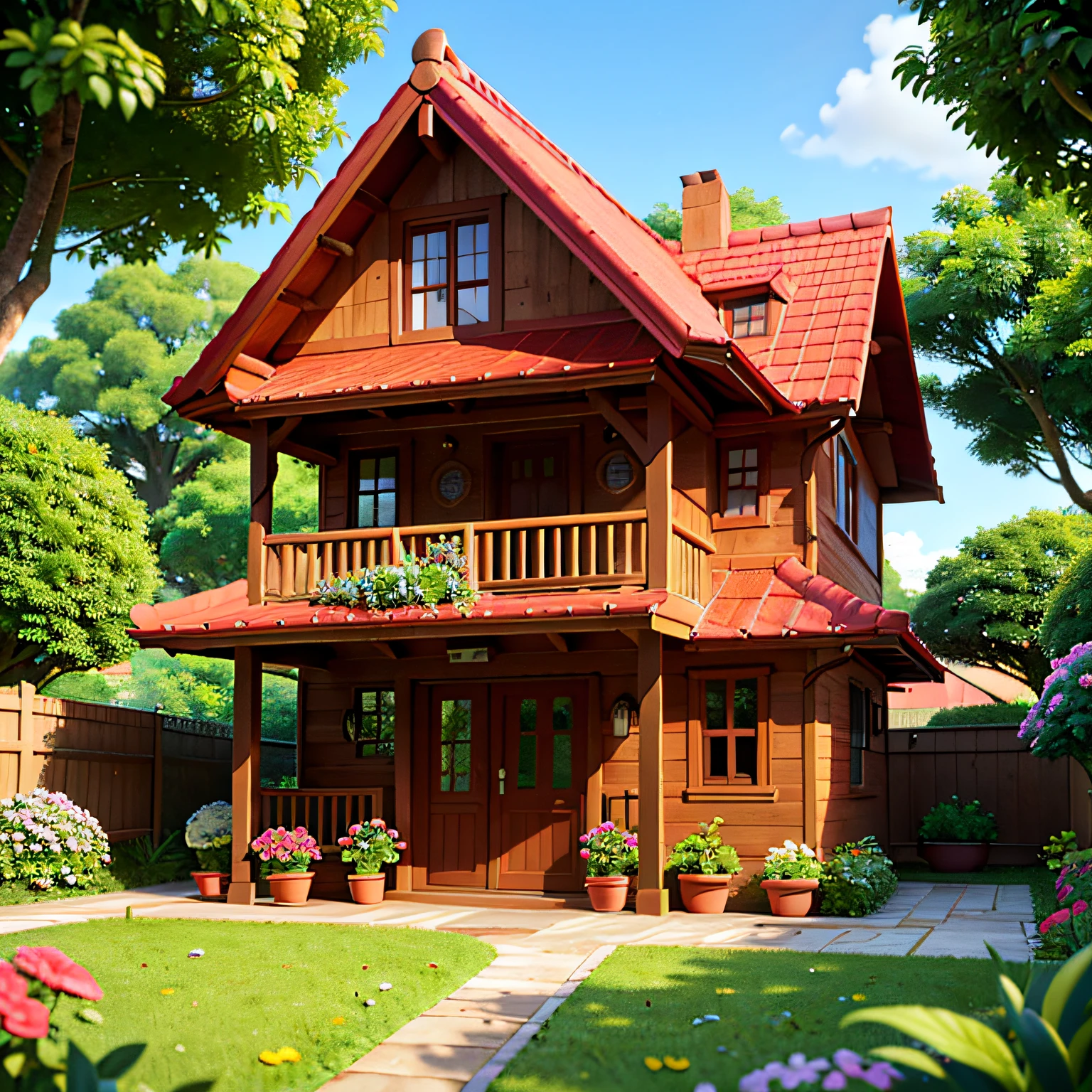 uma casa de madeira encantadora e aconchegante, onde a felicidade familiar transborda por todos os cantos. Set in a picturesque setting, surrounded by lush trees and a verdant lawn, This home is the perfect getaway for a close-knit family.
A fachada da casa, All built in rustic wood and details in soft colors, conveys a welcoming feeling. As you move closer, He is greeted by the sound of the laughter of children playing in the garden and the sweet smell of the flowers that adorn the path to the front door, is greeted with radiant smiles and warm hugs. Nesta casa, a felicidade perdura, nourished by the love and affection that unites this happy family, 8K, HD, ultra detalhado, ultra realista --auto