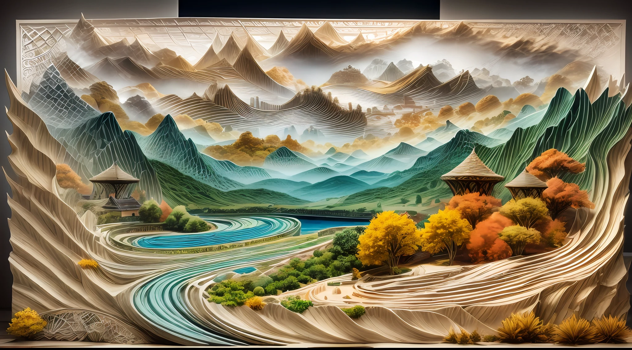 isometry，Sand table model，in fall，with blue sky and white clouds，Green Mountains and Green Water，terraced，bumper harvest，White background，paper art，a 3D render，extremely detaile, (zentangle:1.2), (geomerty:1.2)，Cinematic lighting effects，4K，Masterpiece，offcial art