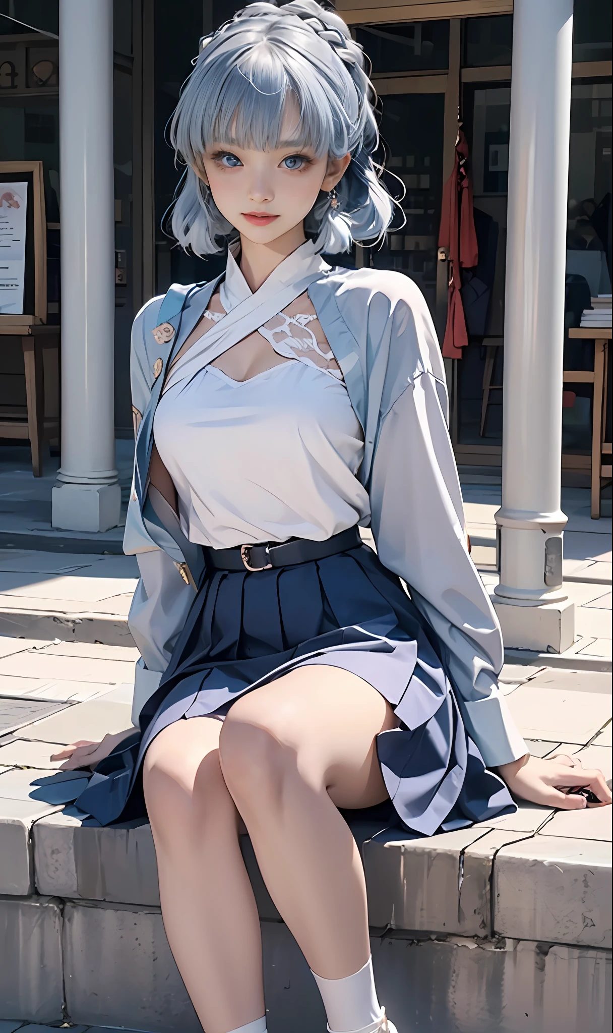 (optimum，tmasterpiece，High picture quality，)There was a girl in a pleated skirt and blue clothes, clubs，oriental architecture ray tracing，best qualtiy，light particules，Extremely detailed 8k wallpaper，Super detailed eyes，busty figure，(light blue  hair，Kamiasto ayaka，the original god)，sleek legs，White stockings，intricately details，Cold white skin，（Carefully portray blush）,Soft cute，Messy beauty，The skin is shiny and silky，beautidful eyes，An extremely delicate and beautiful girl，full bodyesbian