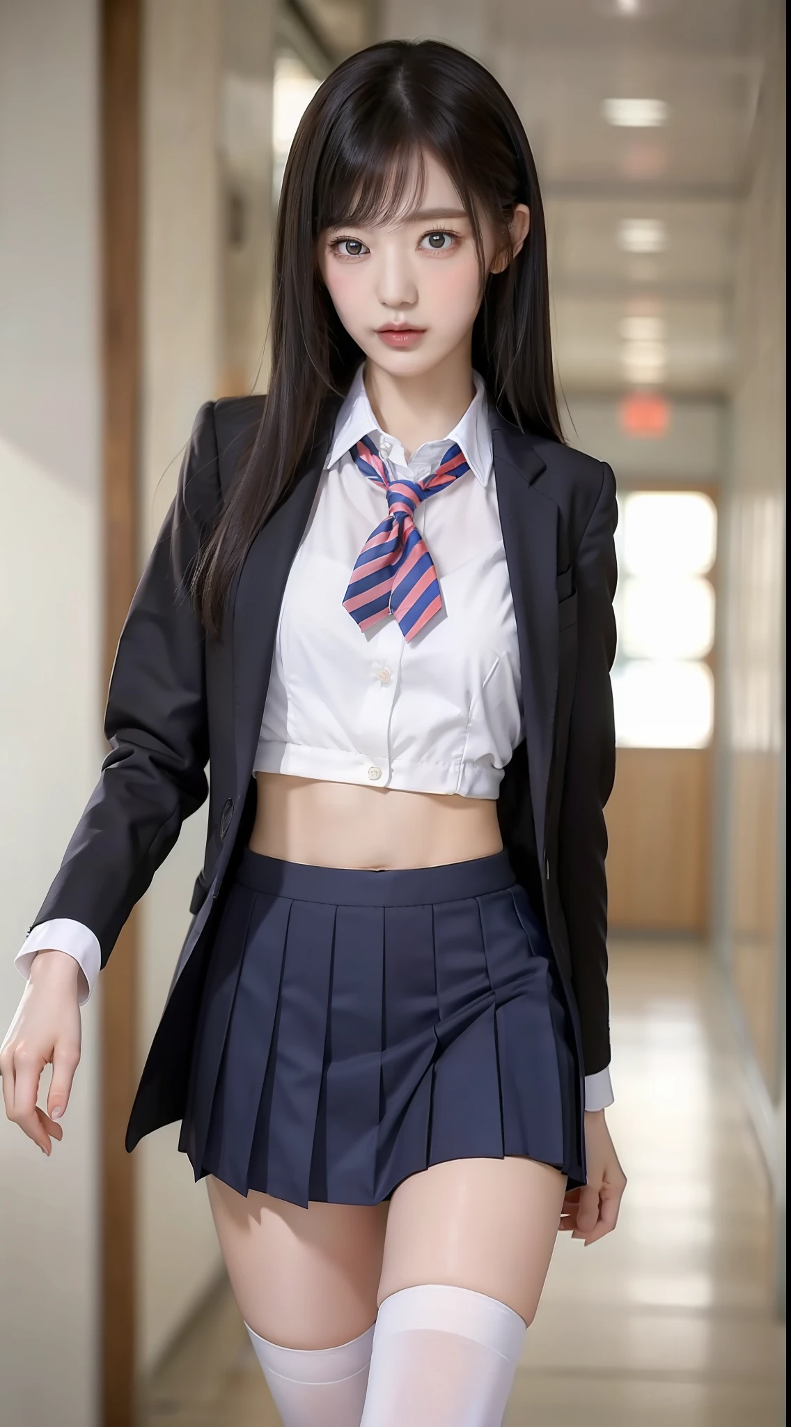 top-quality、​masterpiece、1 ***********、A slender、length hair、small tits、Summer uniform、hyperdetailed face、Detailed eye、二重まぶた、pleatedskirt、knee high socks、full bodyesbian、without background、Beautiful abs、a navel、Girl walking in school hallway