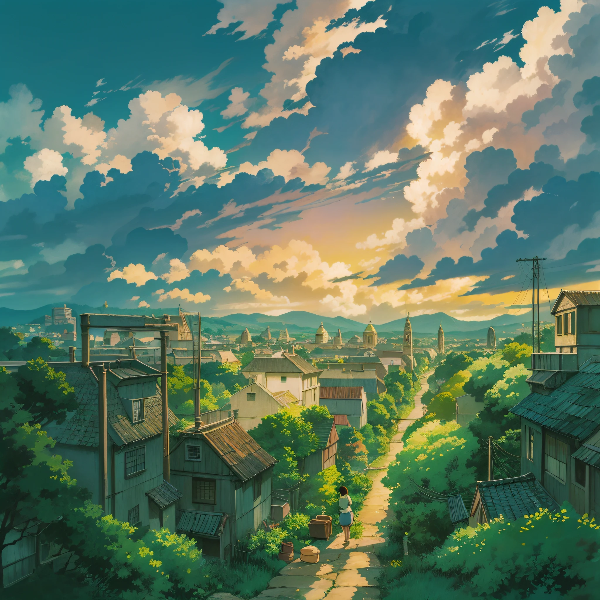 animesque、Skyscape with clouds、Landscape without buildings、You can see the touch of the brush、Studio Ghibli、Ghibli、Humid、the ground is wet、Scenery、Style、Golden Time、sky line、evening