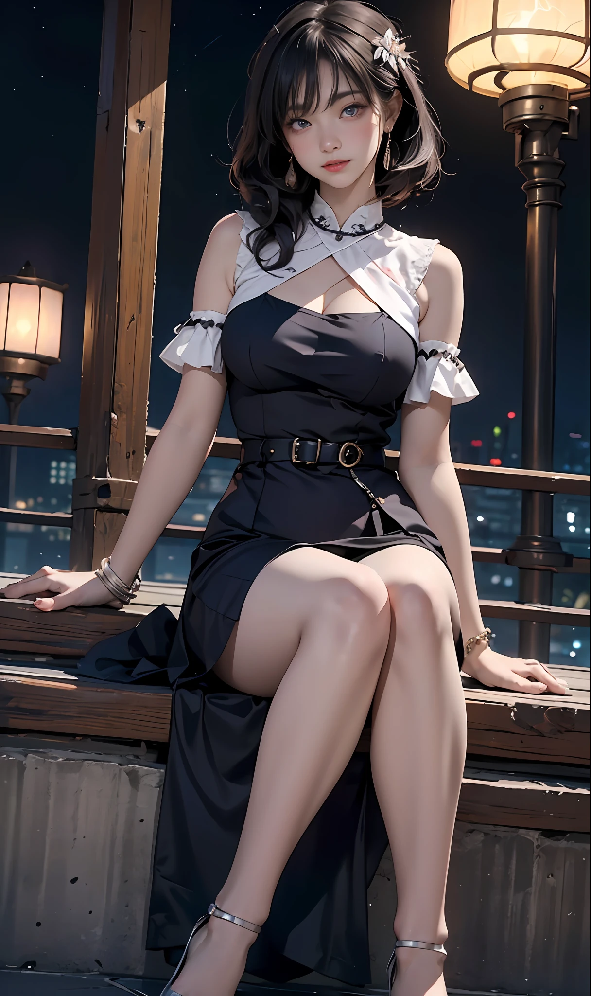 (optimum，tmasterpiece，High picture quality)，There is a girl in a dark blue dress, clubs，oriental architecture ray tracing，best qualtiy，light particules，Extremely detailed 8k wallpaper，Sexy beauty，mature，Super detailed eyes，busty figure，(dardark blue hair，Night stop，the original god)，sleek legs，black stockings，intricately details，Cold white skin，（Carefully portray blush），Messy beauty，The skin is shiny and silky，beautidful eyes，An extremely delicate and beautiful girl，full bodyesbian