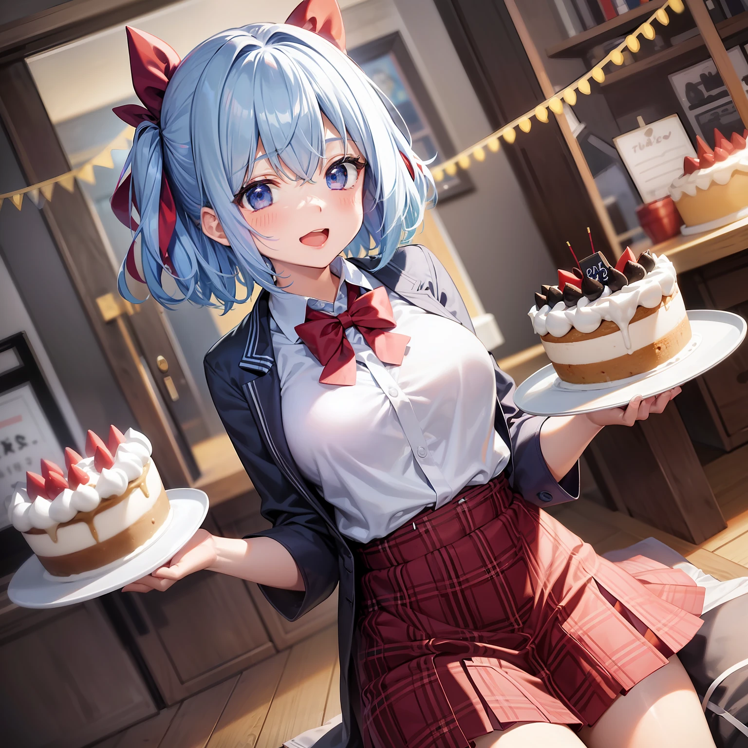 Aoi_Fukayuki、1 girl in、anime styled、full body Esbian、(blue hairs)、shorth hair、A smile、red tide、blue eyess、blazers、、(Plain white shirt)、(red bowtie)、(Red checked skirt)、（Black stockings）、Absolute area、hightquality、best qualtiy、emphasizing thighs、to stand、Birthday Cake、chandelle、birthday celebration