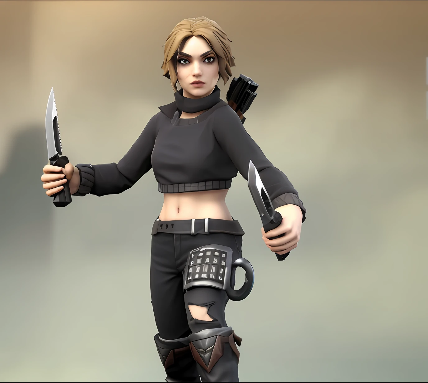 There's a woman with a knife and a gun in her hand, protagonista feminina, valkyrie style character, personagem feminina, assassina feminina, 3 d character render, personagem do jogo, videogame render, avatar do personagem RPG, personagem de videogame, character render, Caractere estilizado, Personagem de RPG, female thief, um assassino adolescente ousado, Modelo de caracteres 3D, Modelo de personagem 3D --auto