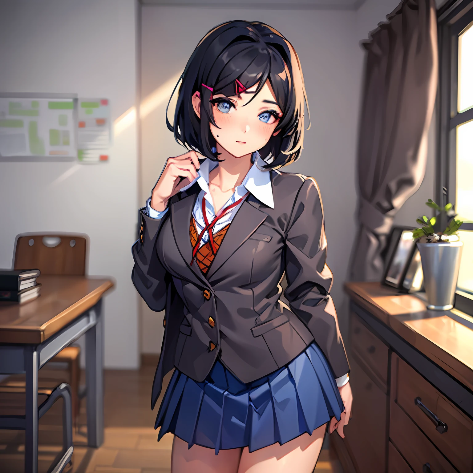 beautiful girl in messy bedroom, full body, pofy hair, (realistic face, perfect eyes, perfect face:1.1), black hair, emo makeup, eyeliner, Emo, Goth, ((best quality)), ((highly detailed)), masterpiece, extremely detailed face, beautiful face, (detailed eyes, deep eyes), (1girl), solo, Yuri, Black eyes, black hair and lines, pofy hair , hair ornament, hairclip, medium breasts, school uniform, jacket, short hair, pleated skirt, skirt, blue skirt, ((blush)), inside, in a classroom