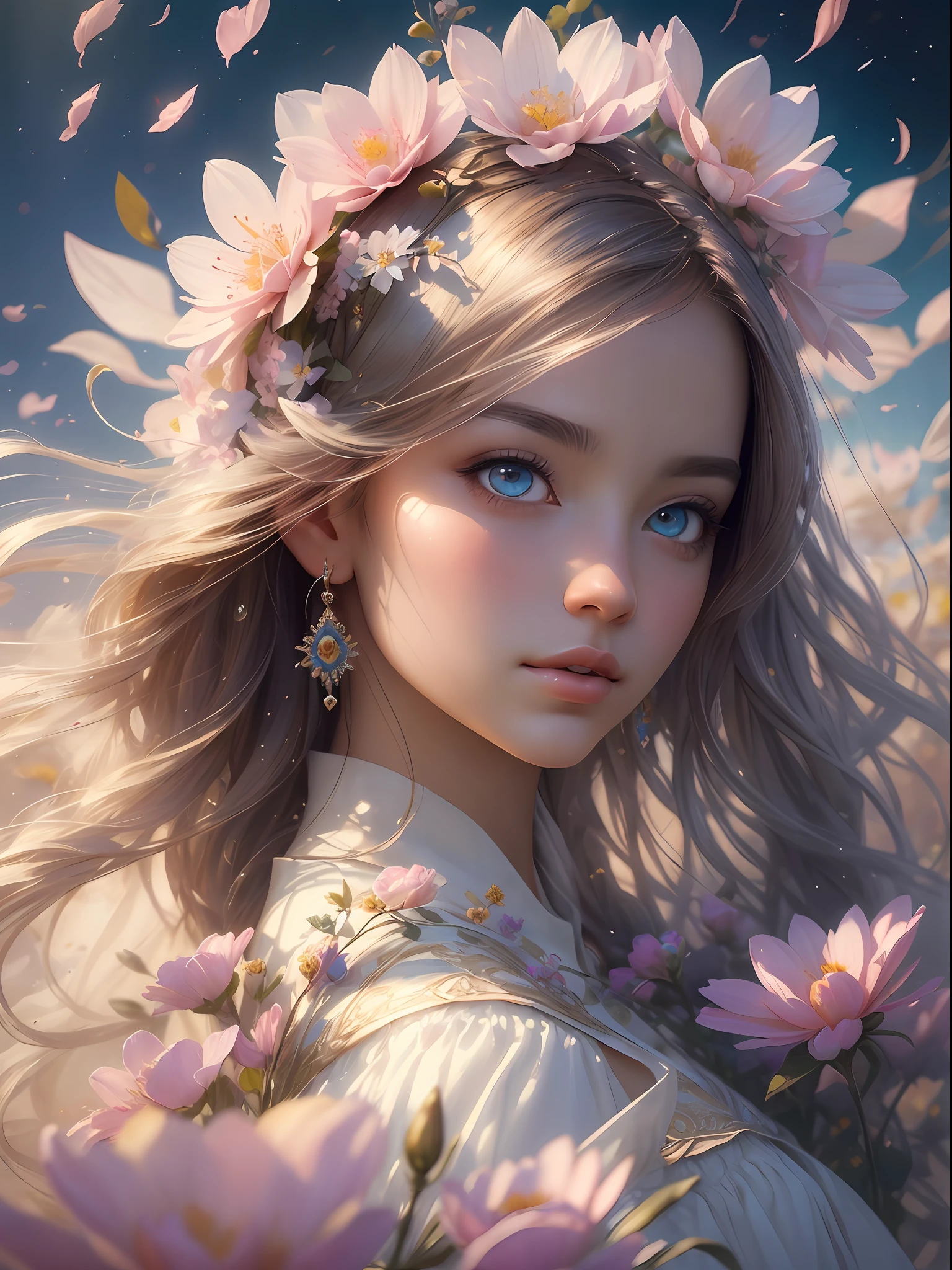 This artwork is dreamy and ethereal, with colors drawing inspiration from gentle watercolors, primarily pink. Generate a delicate and demure flower maiden with soft, realistic hair dancing in the breeze. Her sweet, realistic face is extremely detailed and has puffy, big lips and stunning, highly realistic eyes. Her eyes are important and should be realistic, highly detailed, and beautiful. The flower maiden is wearing delicate and elegant fabric of silk and satin. She is surrounded by beautiful flowers of varying sizes and colors and flower petals dancing in the wind around her. The background is detailed, wild, and unruly, with wildflowers and wind and pollen creating a dynamic and compelling image. She wears an ornately flowered headdress that enhances her soft beauty. Include a soft watercolor sky. Include fantasy details, enhanced details, iridescence, colorful glittering wind, and pollen. Pay special attention to her face and make sure it is beautifully and realistically detailed. The image should be dreamy and ethereal.8k, intricate, elegant, highly detailed, majestic, digital photography, art by artgerm and ruan jia and greg rutkowski, (masterpiece, finely detailed beautiful eyes: 1.2), hdr, realistic skin texture, ((fantasy00d:1)), rays of light, ornate flowers, dew drops, sunlight, hazy rays of sun, flowergateway style, castle, palace, archway, flowers, growing