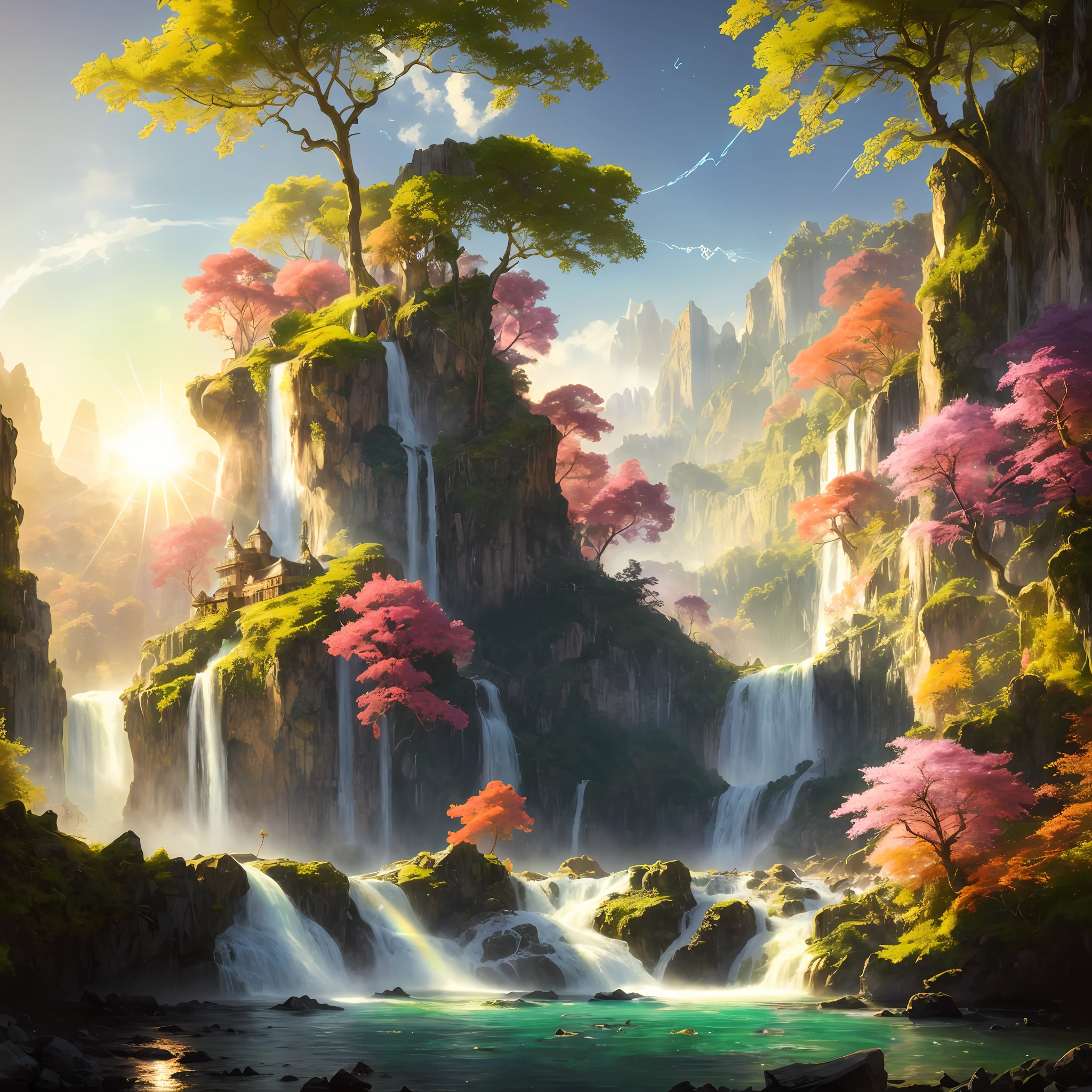 analog style,ChromaV5,nvinkpunk,(extremely detailed CG unity 8k wallpaper),A Illustration of a bright and majestic waterfall cascading down a rocky cliff, illuminated by the shining sun, The water sparkles as it falls, casting a rainbow of colors, the surrounding landscape is lush and verdant, with tall trees and wildflowers,award winning photography, Chromatic Aberration; Geometric Shapes; Bokeh, Depth of Field, Photorealistic, Detailed, Bloom, HDR , oil painting by John Singer Sargent, Frederic Church, and Thomas Moran,trending on ArtStation, trending on CGSociety, art by midjourney