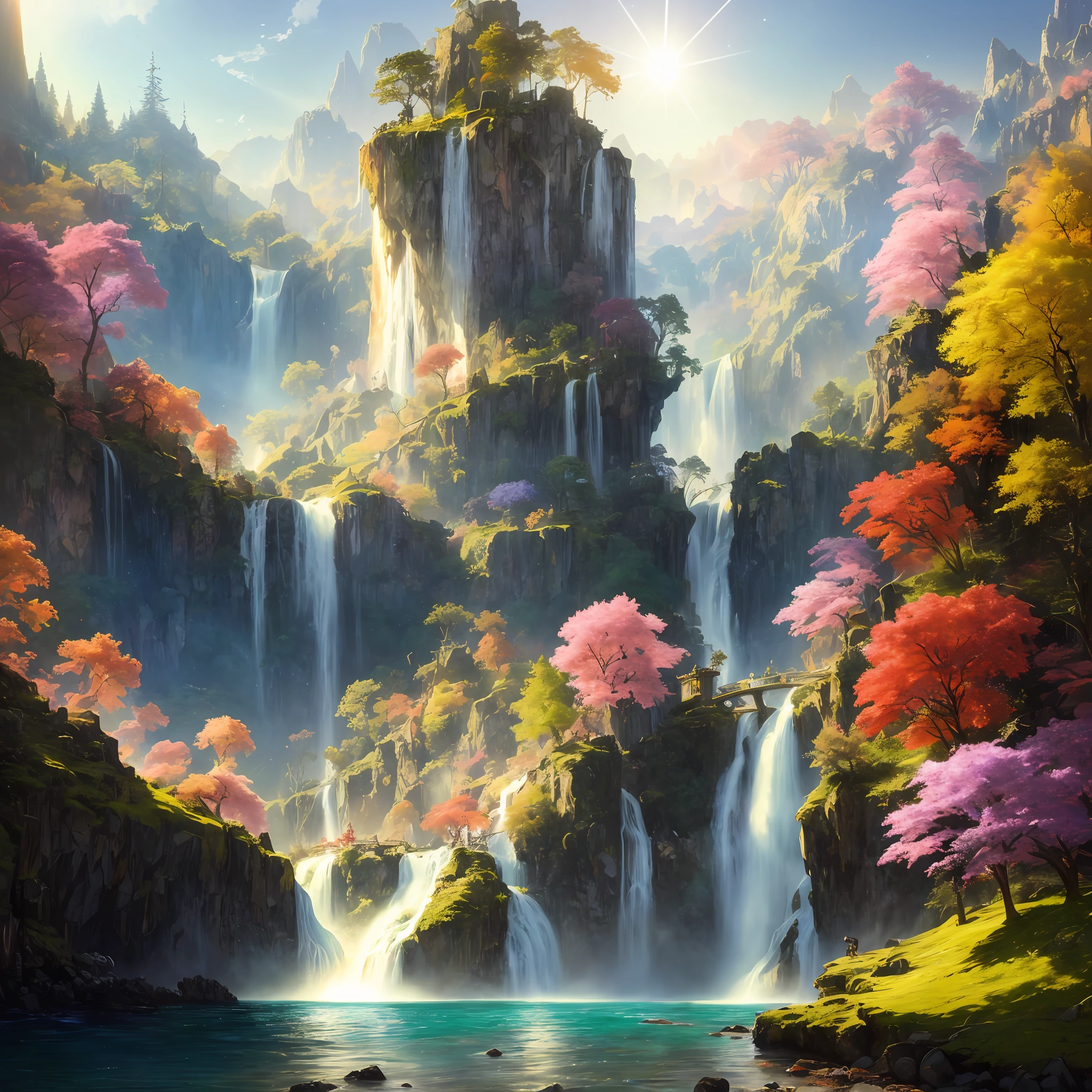 analog style,ChromaV5,nvinkpunk,(extremely detailed CG unity 8k wallpaper),A Illustration of a bright and majestic waterfall cascading down a rocky cliff, illuminated by the shining sun, The water sparkles as it falls, casting a rainbow of colors, the surrounding landscape is lush and verdant, with tall trees and wildflowers,award winning photography, Chromatic Aberration; Geometric Shapes; Bokeh, Depth of Field, Photorealistic, Detailed, Bloom, HDR , oil painting by John Singer Sargent, Frederic Church, and Thomas Moran,trending on ArtStation, trending on CGSociety, art by midjourney