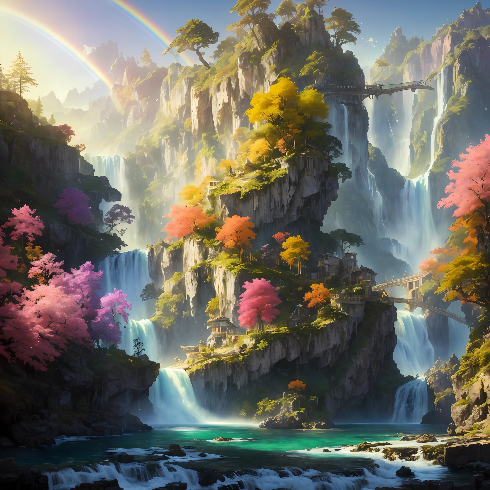 analog style,ChromaV5,nvinkpunk,(extremely detailed CG unity 8k wallpaper),A Illustration of a bright and majestic waterfall cascading down a rocky cliff, illuminated by the shining sun, The water sparkles as it falls, casting a rainbow of colors, the surrounding landscape is lush and verdant, with tall trees and wildflowers,award winning photography, Chromatic Aberration; Geometric Shapes; Bokeh, Depth of Field, Photorealistic, Detailed, Bloom, HDR , oil painting by John Singer Sargent, Frederic Church, and Thomas Moran,trending on ArtStation, trending on CGSociety, art by midjourney