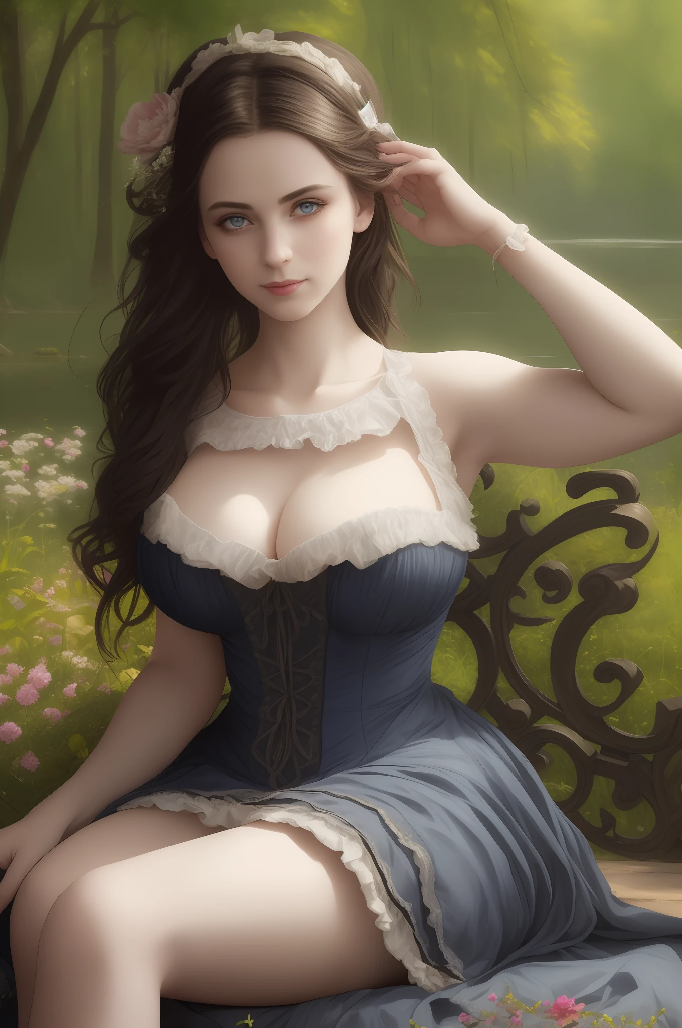 RAW photo,(realistic, photo-realistic:1.37),(best quality:1.2),(detailed), (Solo:1.3), (20 years old Victorian girl:1.4),smile, (Huge Breasts:1.4), victorian dress, black Hair, Long Eyelashes, (lake:1.3), ((sitting on ground, arms up)), (legs up:1.2) trees,grass, flowers,bridge, boat,clouds,blue sky,apple,picnic,BREAK, stunning beautiful, pale skin, (perfect eyes:1.3),cinematic light, ultra high res, 8k uhd, film grain, perfect anatomy, exquisitely detailed skin, best shadow, delicate,Portrait Of Beautiful Victorian Girl, colourful, distinct_image, extremely detailed CG,realistic human-like photo --auto
