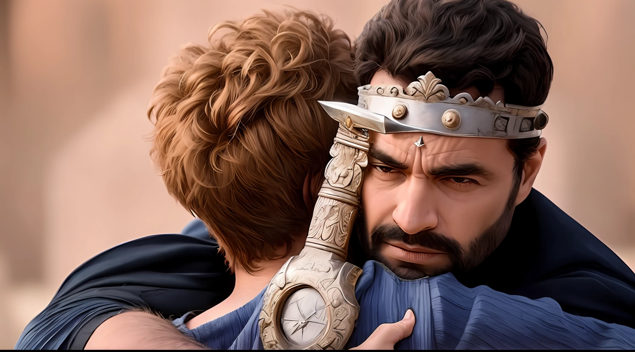 Arafed man in a crown hugging a man in a blue dress, segurando enorme espada, segurando espada enorme, celebrando um rei sendo coroado, carregando uma espada, segurando um cetro, com barba leonidas, segurando khopesh, ainda de um filme de fantasia, ainda filmado do filme, Atividade com luta em espadas