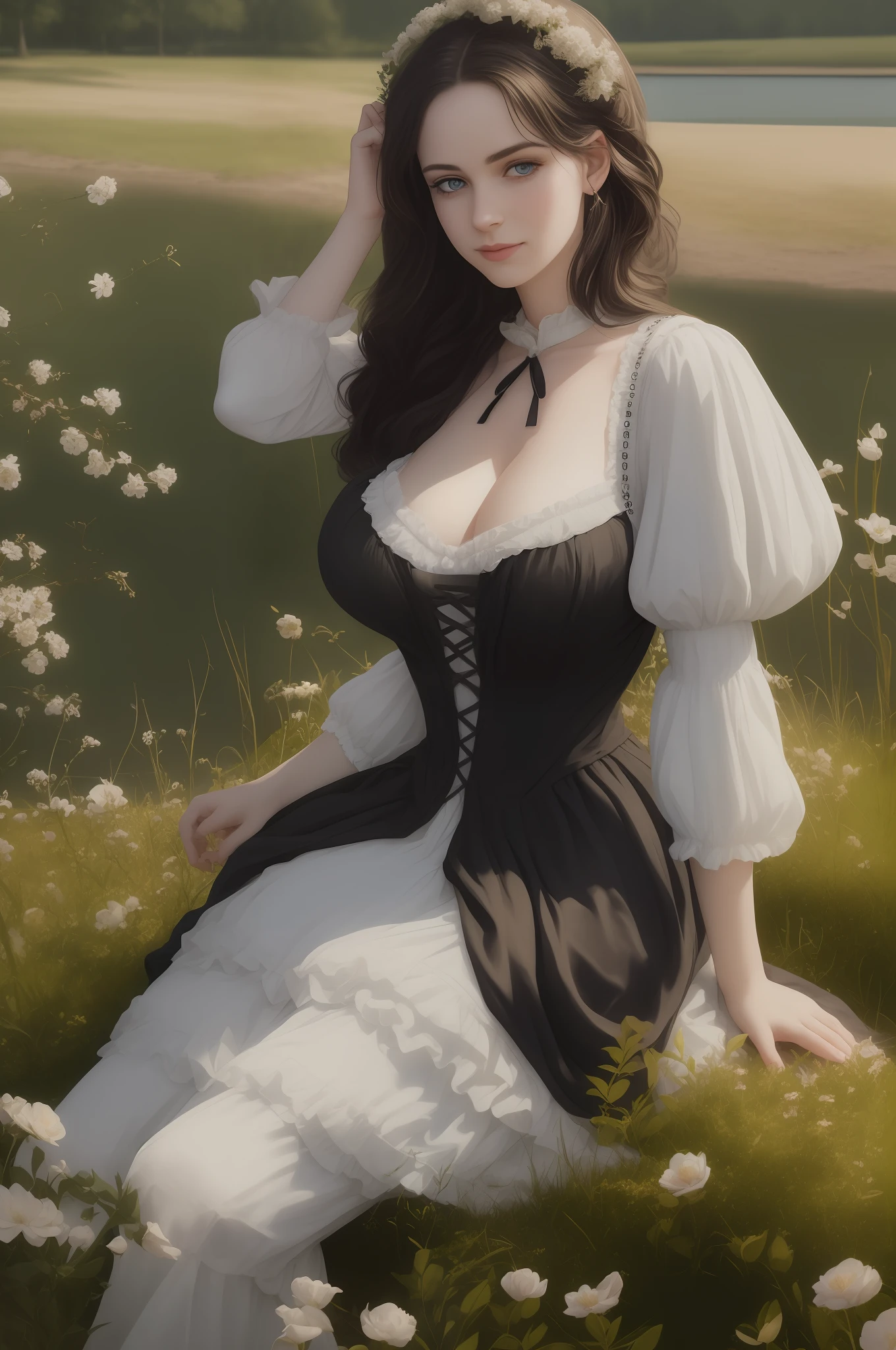 RAW photo,(realistic, photo-realistic:1.37),(best quality:1.2),(detailed), (Solo:1.3), (20 years old Victorian girl:1.4),smile, (Huge Breasts:1.4), victorian dress, black Hair, Long Eyelashes, (lake:1.3), ((sitting on ground, arms up)), (legs up:1.2) trees,grass, flowers,bridge, boat,clouds,blue sky,apple,picnic,BREAK, stunning beautiful, pale skin, (perfect eyes:1.3),cinematic light, ultra high res, 8k uhd, film grain, perfect anatomy, exquisitely detailed skin, best shadow, delicate,Portrait Of Beautiful Victorian Girl, colourful, distinct_image, extremely detailed CG,realistic human-like photo --auto