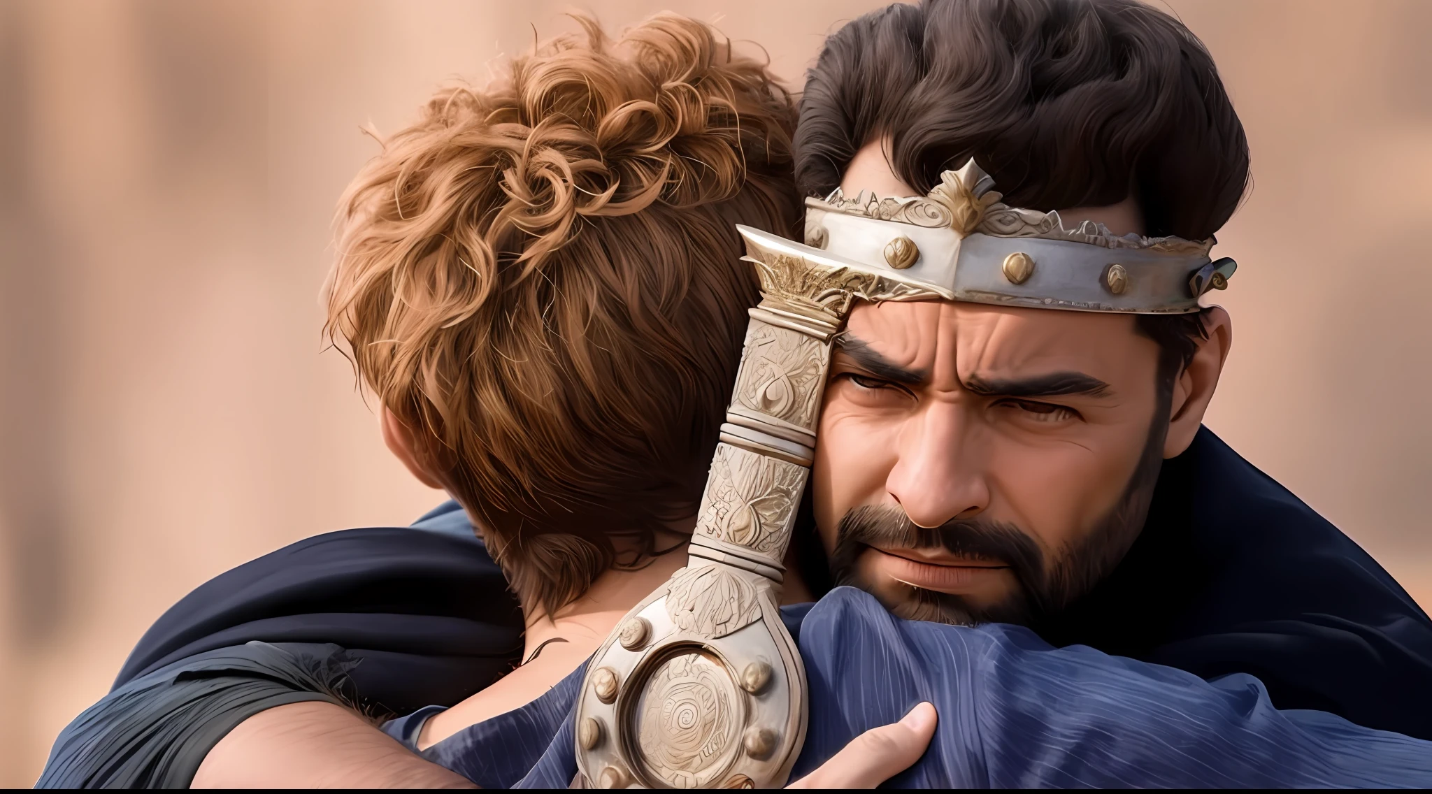 Arafed man in a crown hugging a man in a blue dress, segurando enorme espada, segurando espada enorme, celebrando um rei sendo coroado, carregando uma espada, segurando um cetro, com barba leonidas, segurando khopesh, ainda de um filme de fantasia, ainda filmado do filme, Atividade com luta em espadas