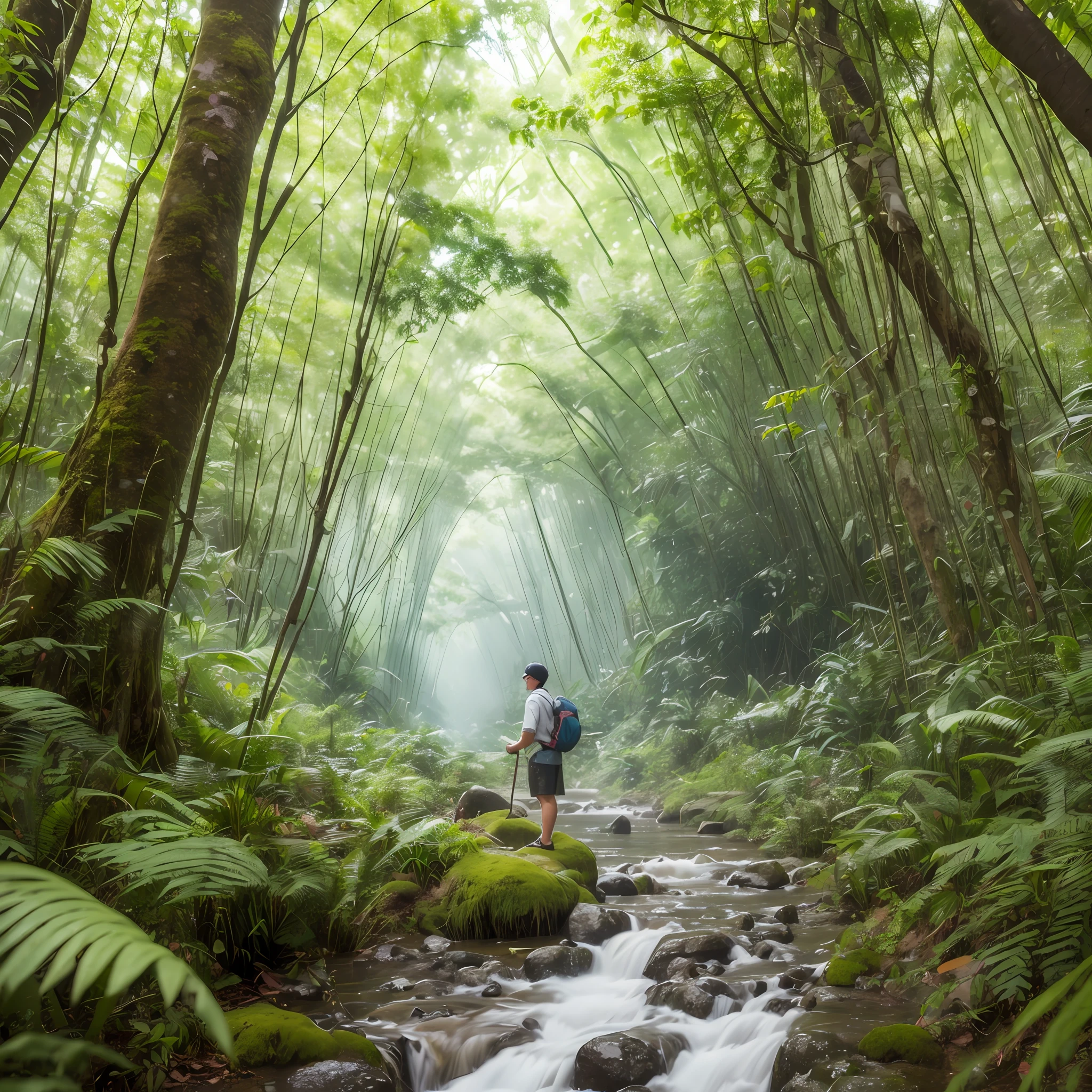 "Beautiful close-up(adventurer),jungles,oases,giant and wet trees"