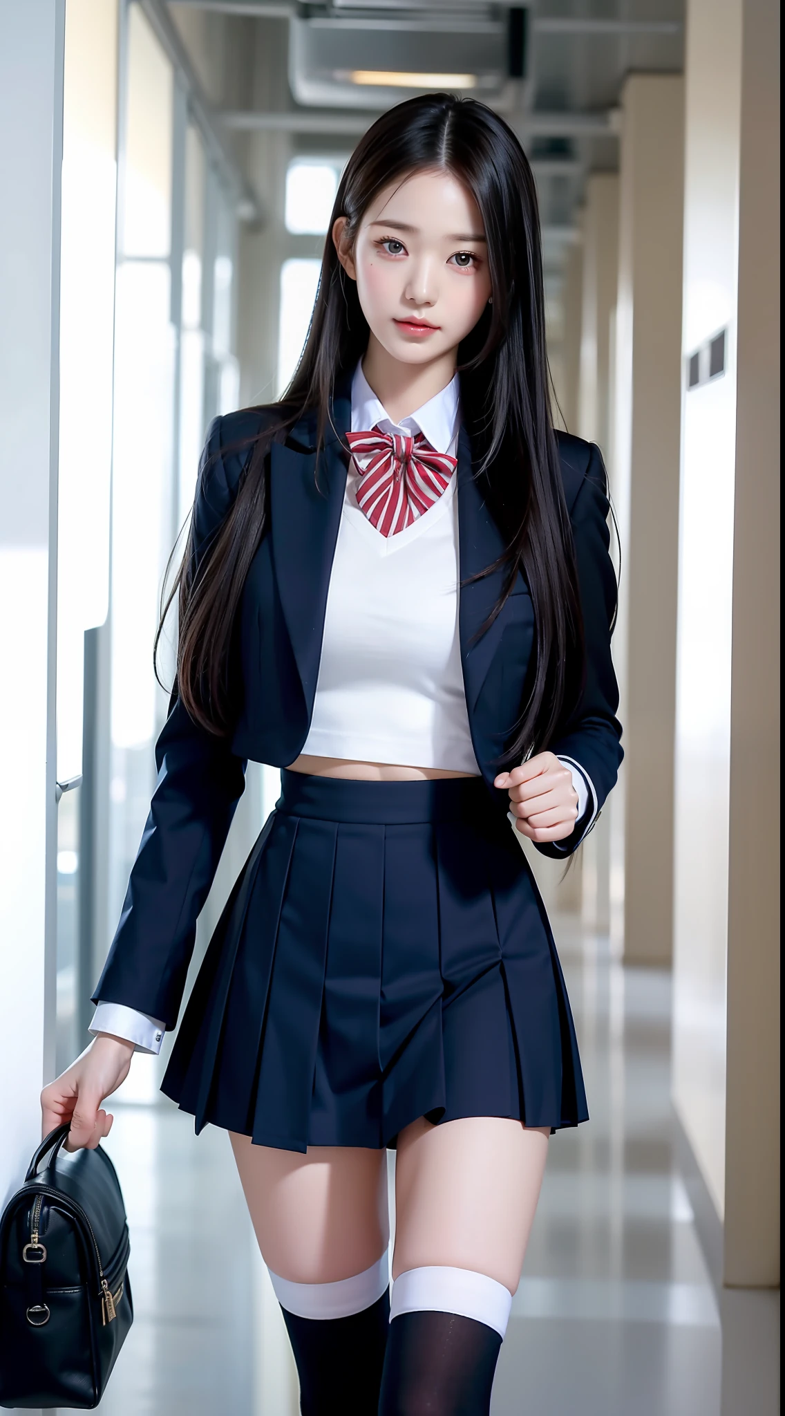 top-quality、​masterpiece、1 ***********、A slender、length hair、small tits、Summer uniform、hyperdetailed face、Detailed eye、二重まぶた、pleatedskirt、knee high socks、full bodyesbian、without background、Beautiful abs、a navel、Girl walking in school hallway