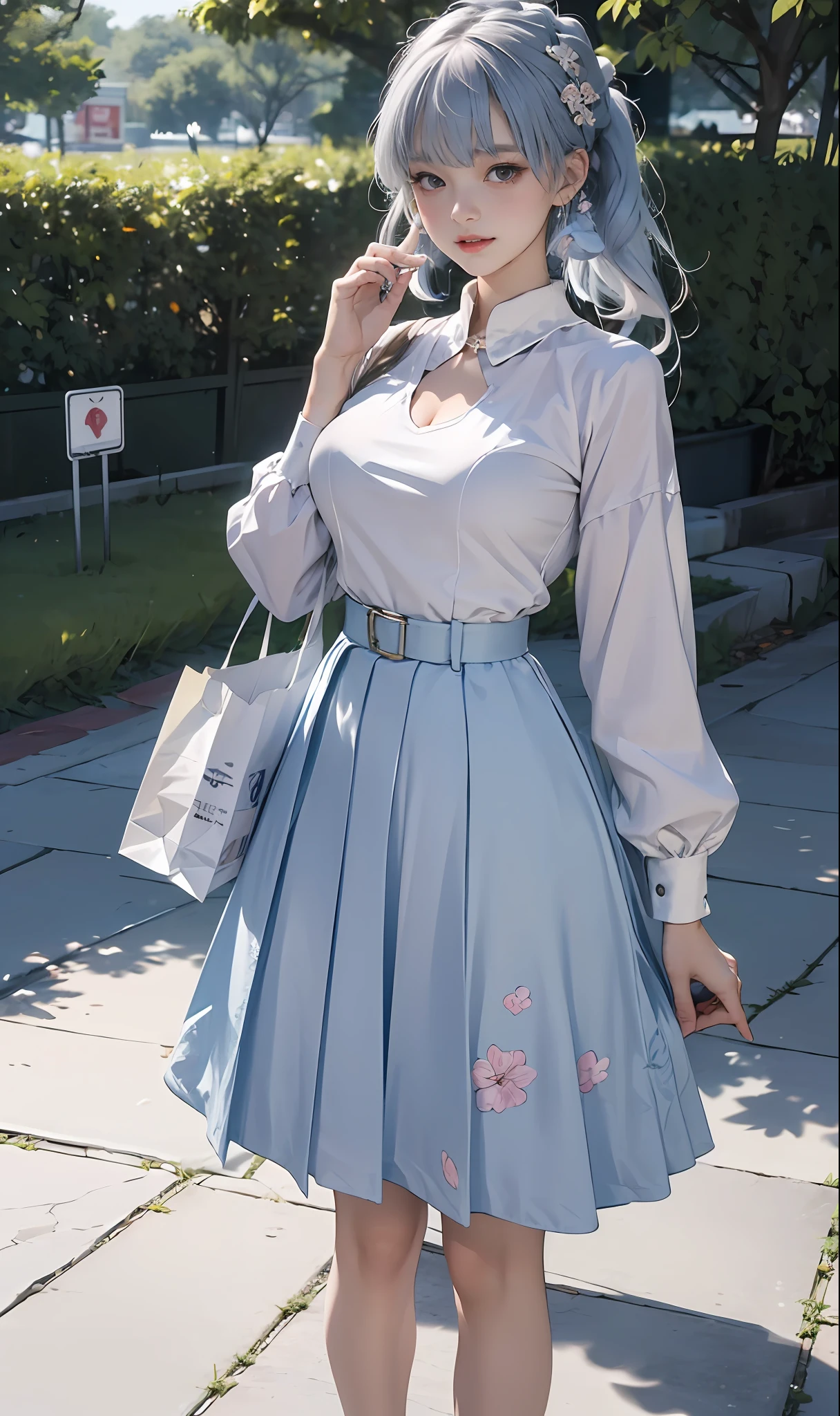 (optimum,tmasterpiece,High picture quality,)There was a girl in a pleated skirt and blue clothes, clubs,oriental architecture ray tracing,best qualtiy,light particules,are standing,Bring shopping bags from the mall,Extremely detailed 8k wallpaper,Super detailed eyes,busty figure,(light blue hair,Kamiasto ayaka,the original god),sleek legs,White stockings,intricately details,Cold white skin,(Carefully portray blush),Soft cute,Messy beauty,The skin is shiny and silky,beautidful eyes,An extremely delicate and beautiful girl,full bodyesbian