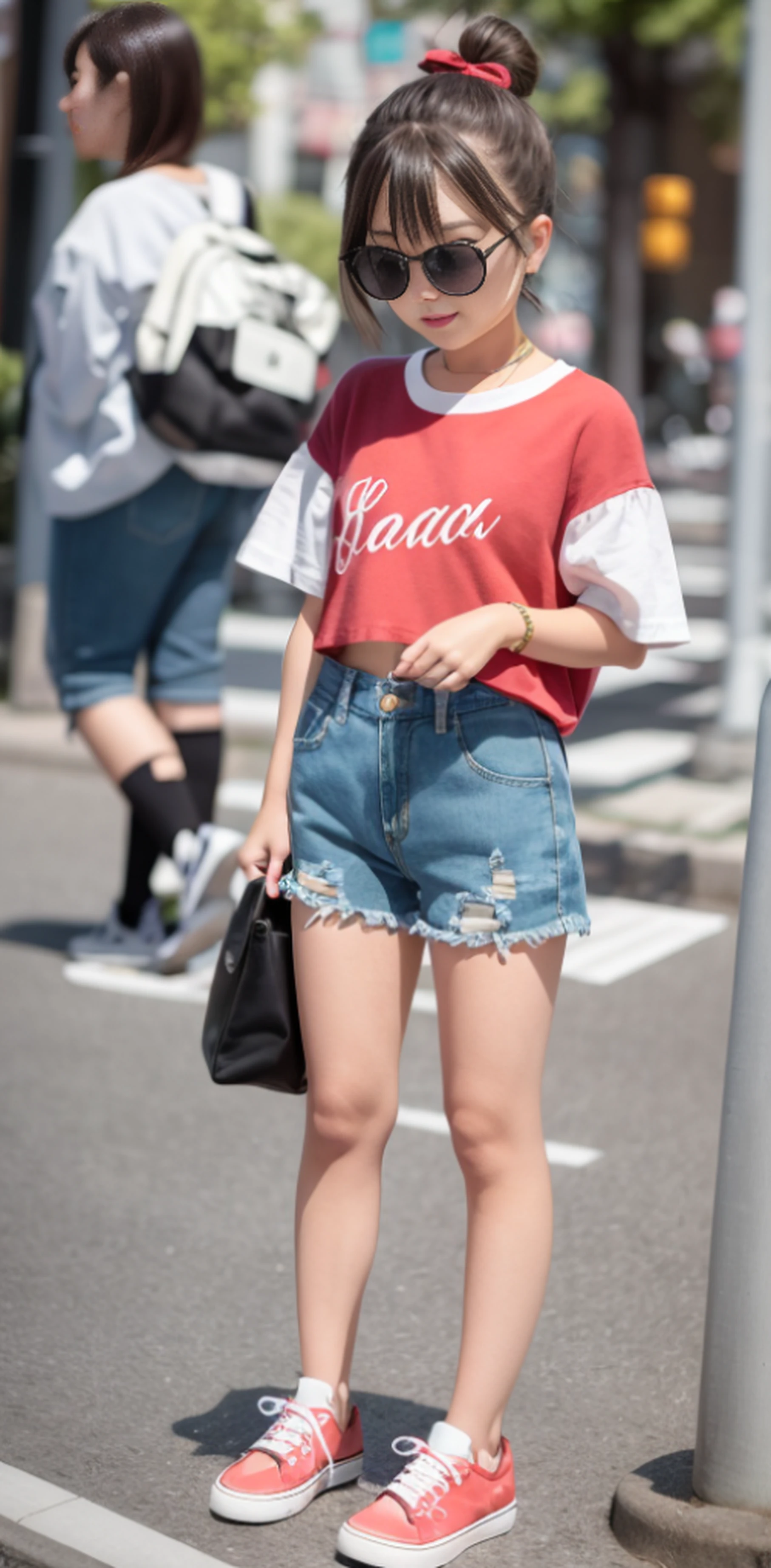 Wearing red shorts, denim short pants, wearing denim short shorts, short in stature, short legs, japanese city street fashion, cute-style,