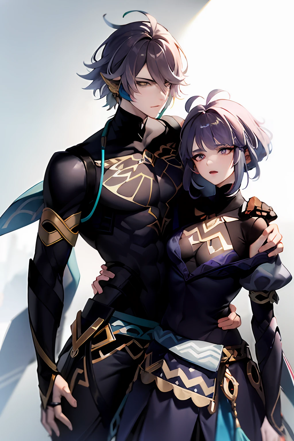 Produza uma imagem do personagem de anime Hugh Anthony Disward, junto da personagem Raiden Shogun e Alice Zuberg. They should be hugging him in each arm and Princess Zelda should be leaning above his head.