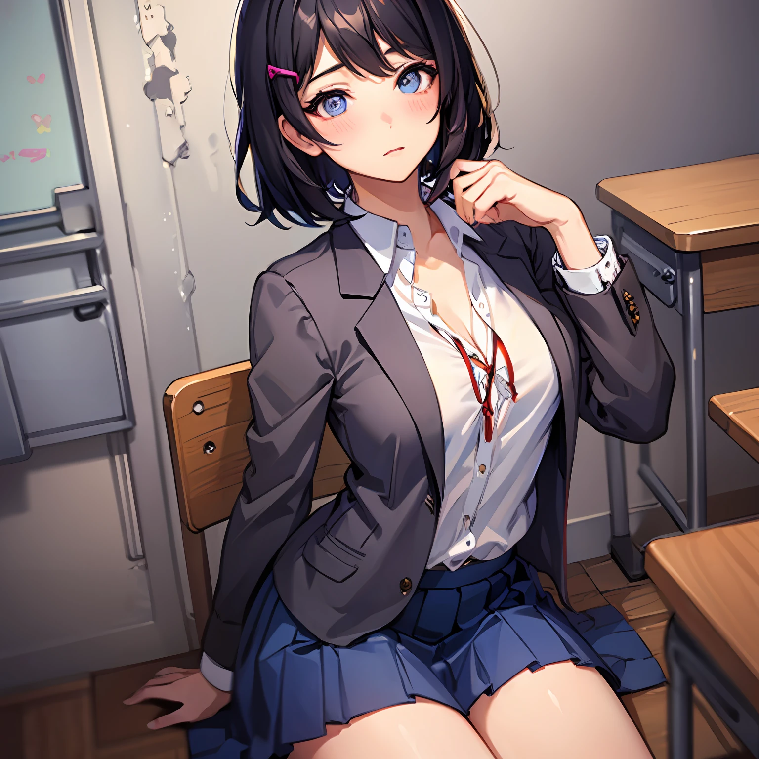 beautiful girl in messy bedroom, full body, pofy hair, (realistic face, perfect eyes, perfect face:1.1), black hair, emo makeup, eyeliner, Emo, Goth, ((best quality)), ((highly detailed)), masterpiece, extremely detailed face, beautiful face, (detailed eyes, deep eyes), (1girl), solo, Yuri, Black eyes, black hair and lines, pofy hair , hair ornament, hairclip, medium breasts, school uniform, jacket, short hair, pleated skirt, skirt, blue skirt, ((blush)), inside, in a classroom