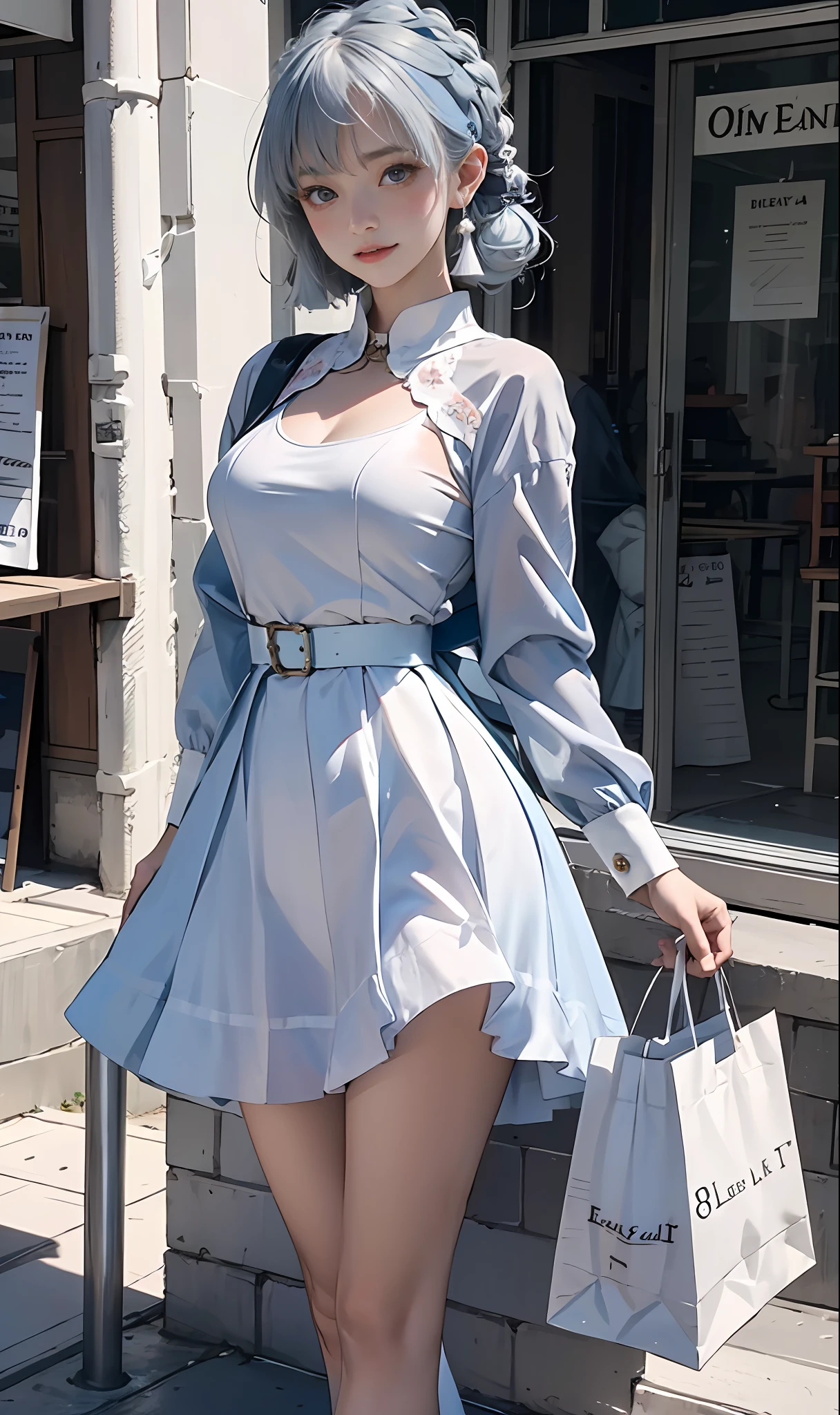 (optimum，tmasterpiece，High picture quality，)There was a girl in a pleated skirt and blue clothes, clubs，oriental architecture ray tracing，best qualtiy，light particules，are standing，Bring shopping bags from the mall，Extremely detailed 8k wallpaper，Super detailed eyes，busty figure，(light blue  hair，Kamiasto ayaka，the original god)，sleek legs，White stockings，intricately details，Cold white skin，（Carefully portray blush）,Soft cute，Messy beauty，The skin is shiny and silky，beautidful eyes，An extremely delicate and beautiful girl，full bodyesbian