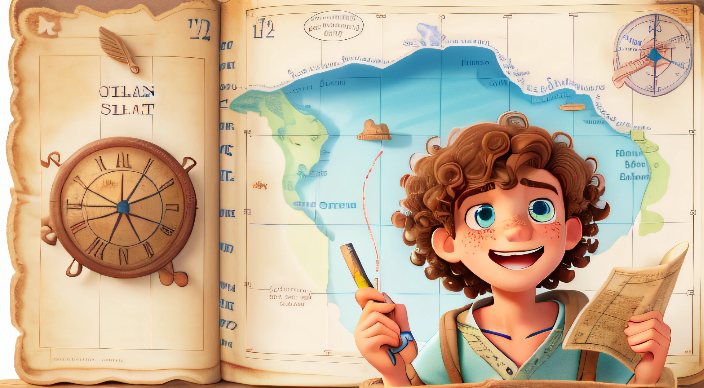 Felix, a -yeld boith ocean blue eyes, curly sandy-brown hair, and a face adorned with cute freckles, holding the old treasure map with excitement in his eyes, white plain background.