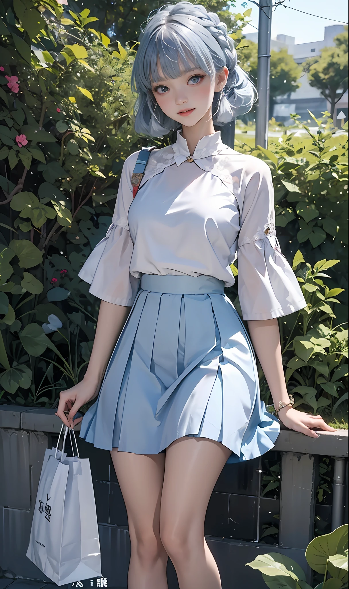 (optimum,tmasterpiece,High picture quality,)There was a girl in a pleated skirt and blue clothes, clubs,oriental architecture ray tracing,best qualtiy,light particules,are standing,Bring shopping bags from the mall,Extremely detailed 8k wallpaper,Super detailed eyes,busty figure,(light blue hair,Kamiasto ayaka,the original god),sleek legs,White stockings,intricately details,Cold white skin,(Carefully portray blush),Soft cute,Messy beauty,The skin is shiny and silky,beautidful eyes,An extremely delicate and beautiful girl,full bodyesbian