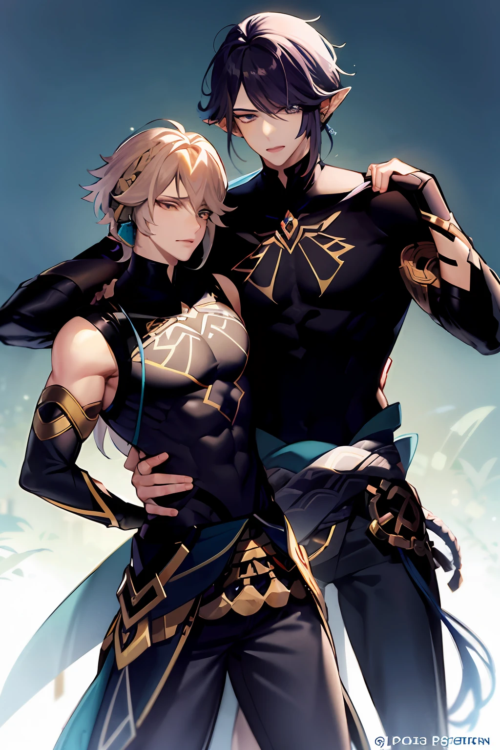 Produza uma imagem do personagem de anime Hugh Anthony Disward, junto da personagem Raiden Shogun e Alice Zuberg. They should be hugging him in each arm and Princess Zelda should be leaning above his head.