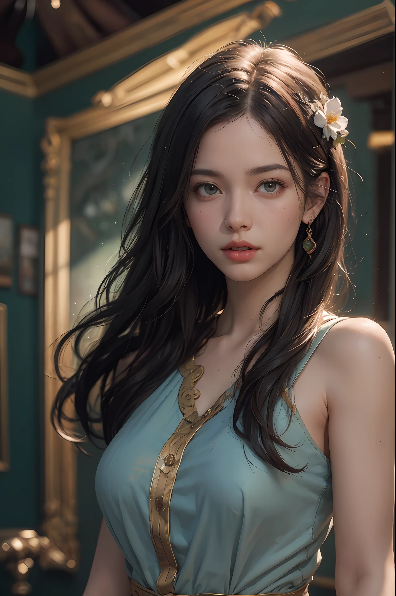 (RAW photo, best quality), (realistic, photo-realistic:1.3),best quality,highly detailed,masterpiece,ultra-detailed,illustration,1girl,upper_body,dynamic angle,world masterpiece theater,messy_long_hair,best quality,extremely detailed CG unity 8k wallpaper,ink,Amazing,cinematic lighting,lens_flare, dunhuang_style