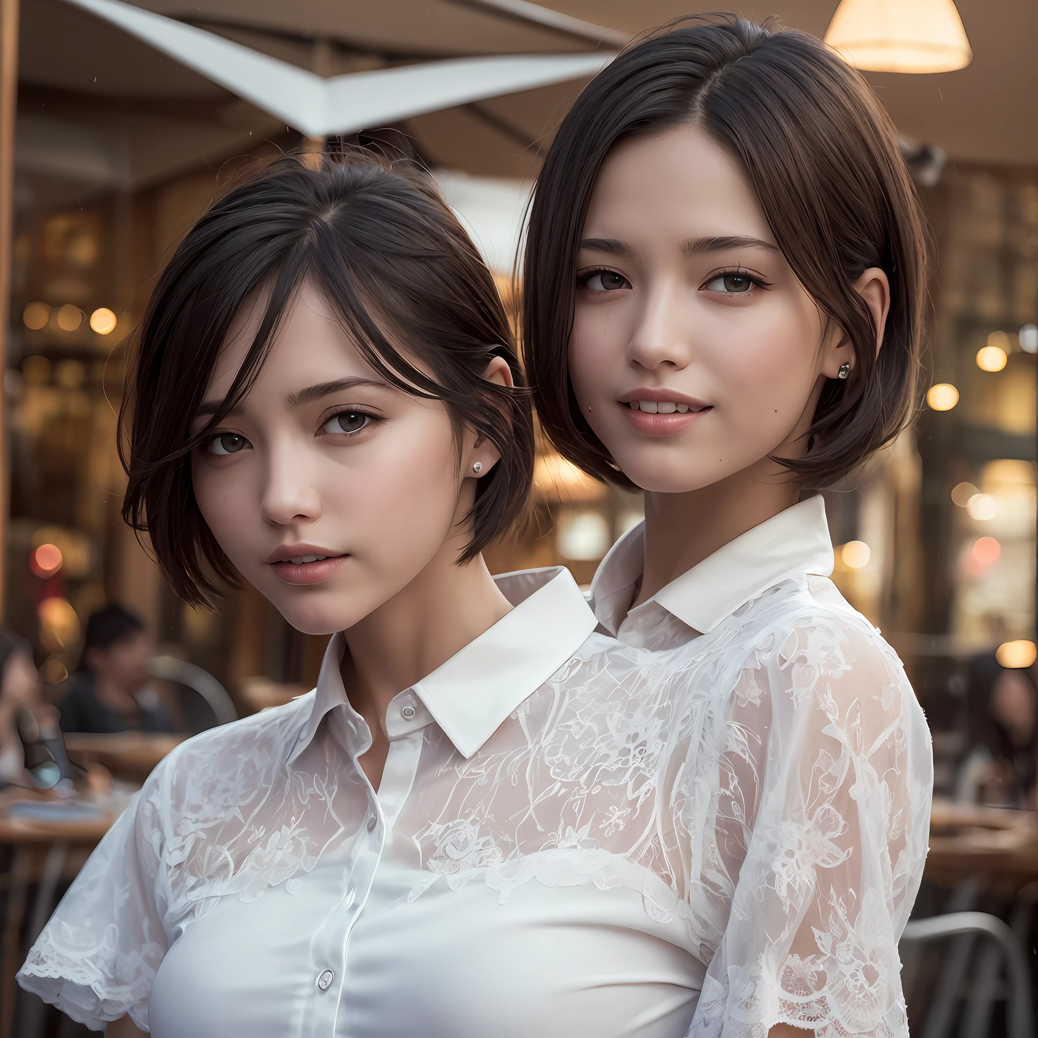 (8k, best quality, masterpiece:1.2), (realistic, photo-realistic:1.37), ultra-detailed, 1 girl, cute, solo, beautiful detailed sky, detailed cafe, night, sitting, dating, (nose blush), (smile:1.15), (closed mouth) small breasts, beautiful detailed eyes, (collared shirt:1.1), night, wet, business attire, rain, white lace, (short hair:1.2), floating hair NovaFrogStyle, topless, --auto