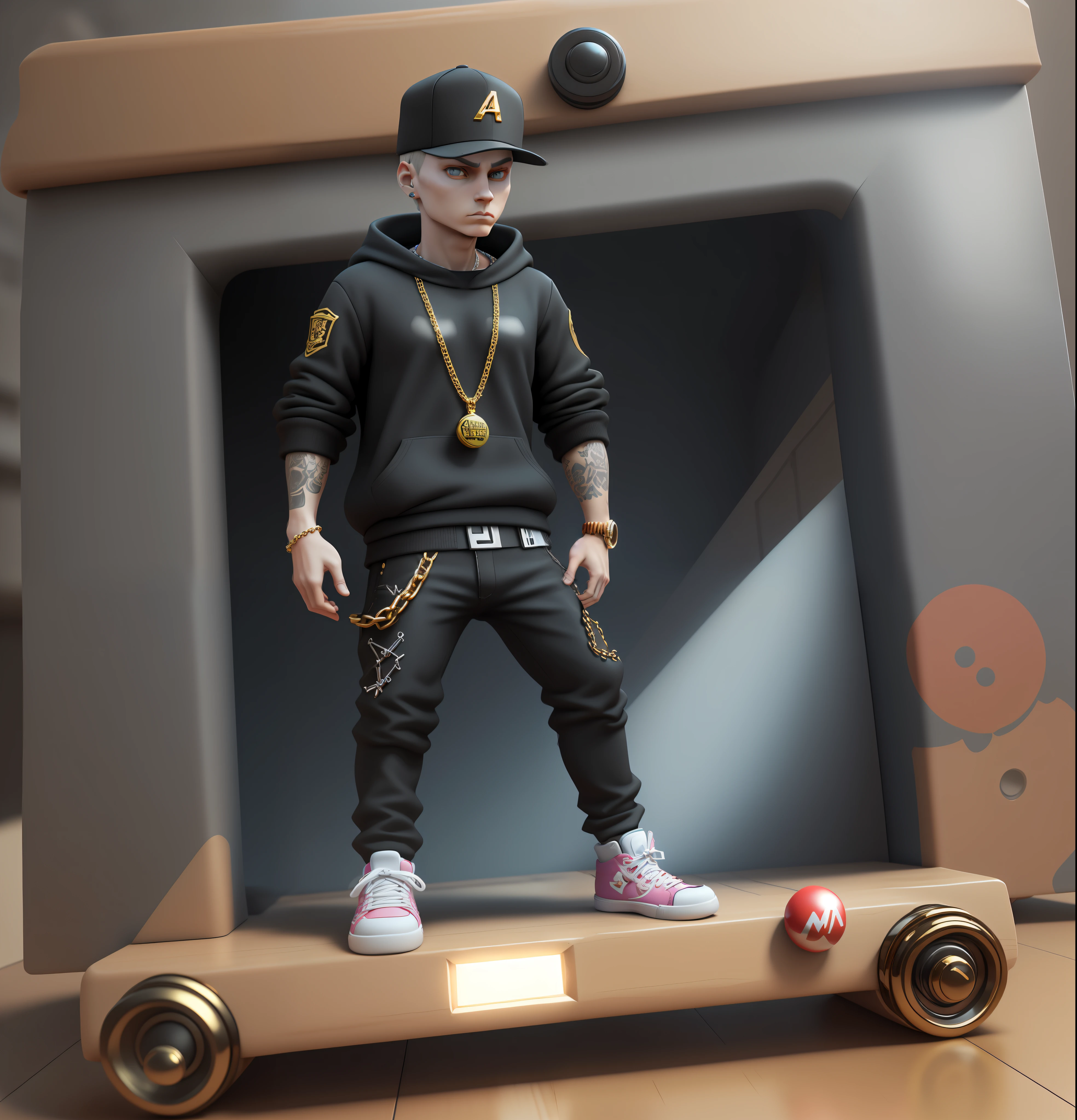 a closeup of a toy wearing a black hat and a gold chain, brinquedo designer de vinil, eminem como um m & m, rapper, Iconic character of high detail, Personagem 3D, Personagem 3D, fvckrender, inspirado em Zhu Da, avatar Roblox, he is wearing a black, Caractere estilizado, animation style rendering, Caractere mesclado, muito estilizado