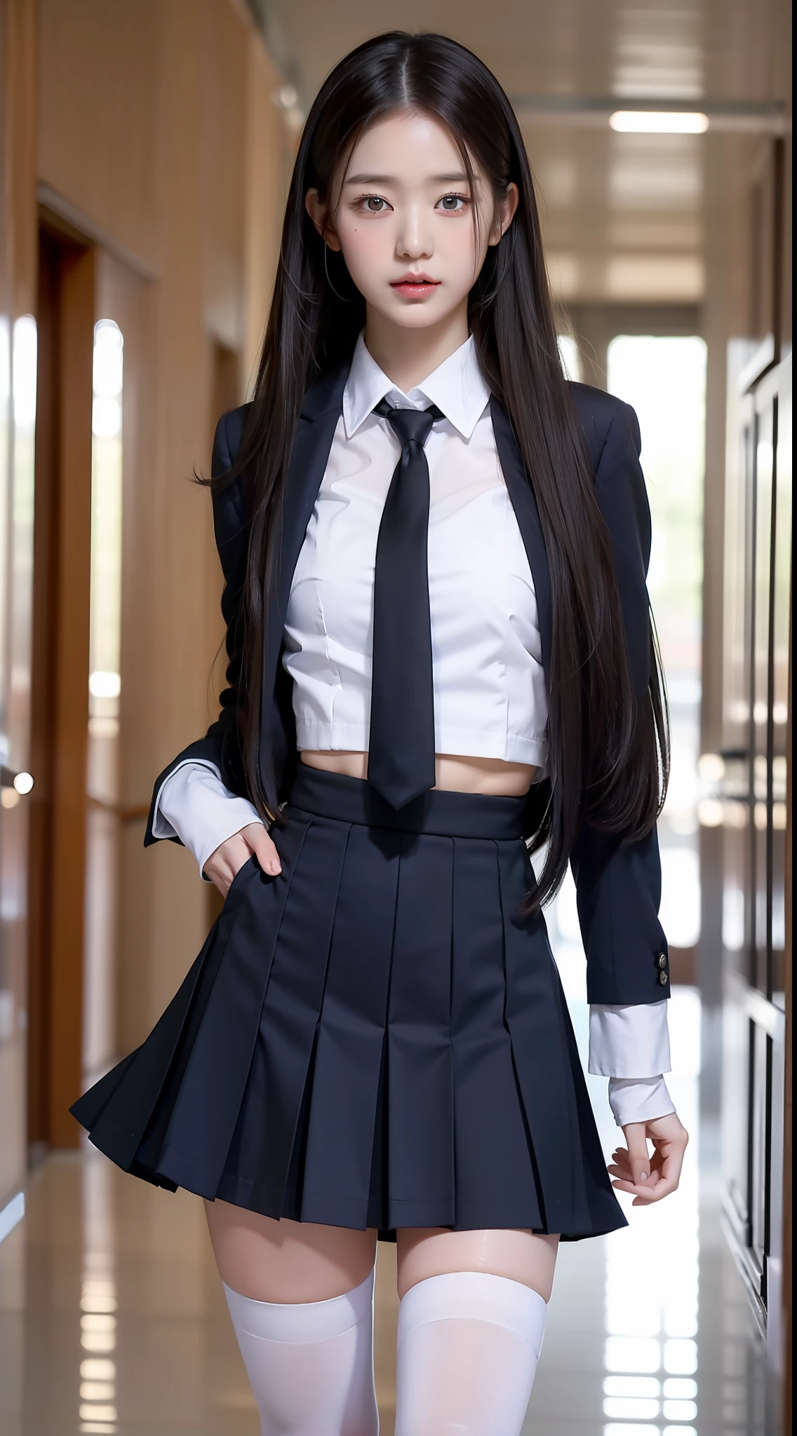 top-quality、masterpiece、1 little girl、A slender、length hair、small tits、Summer uniform、hyperdetailed face、Detailed eye、二重まぶた、pleatedskirt、knee high socks、full bodyesbian、without background、Beautiful abs、a navel、Girl walking in school hallway