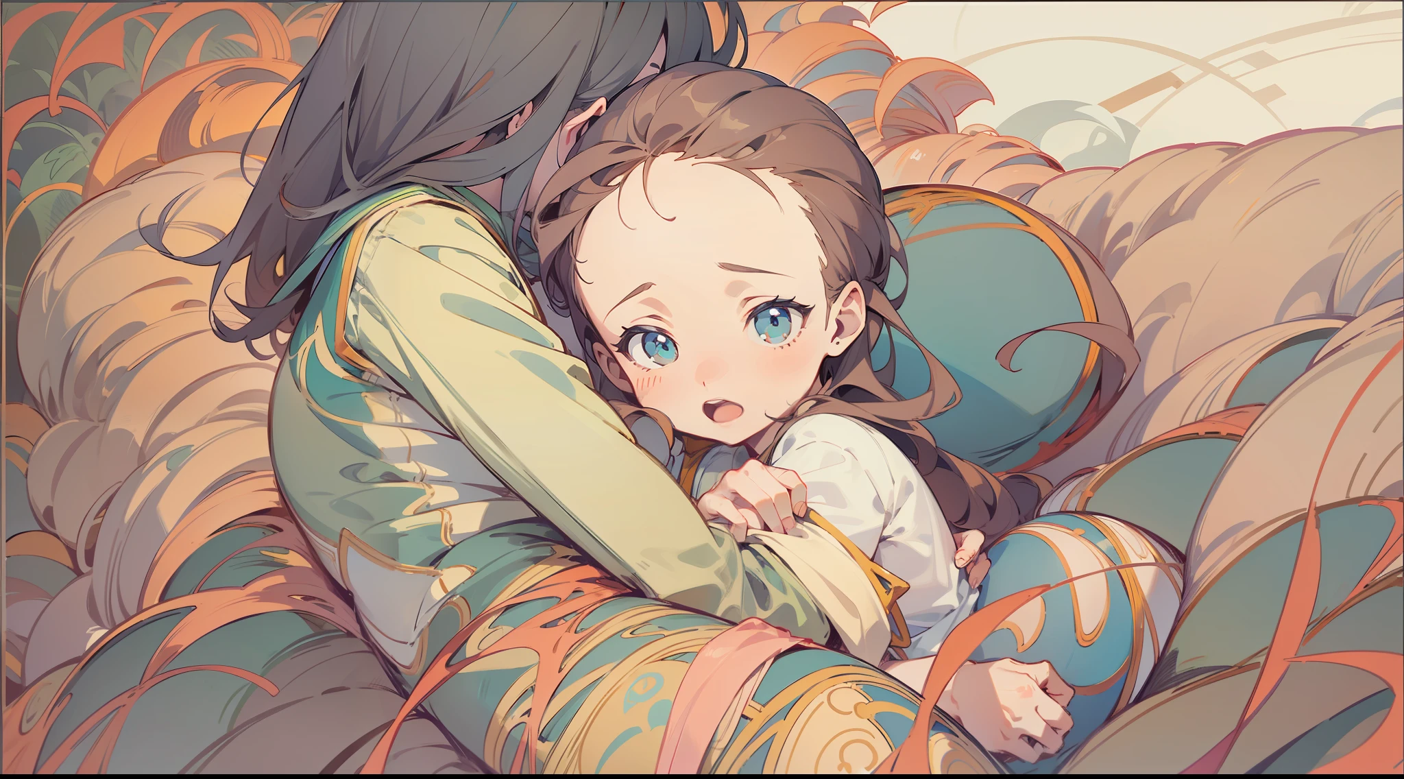 desenho linear, estilo anime, Mother holding in her lap, desenho colorido, ambiente de campo