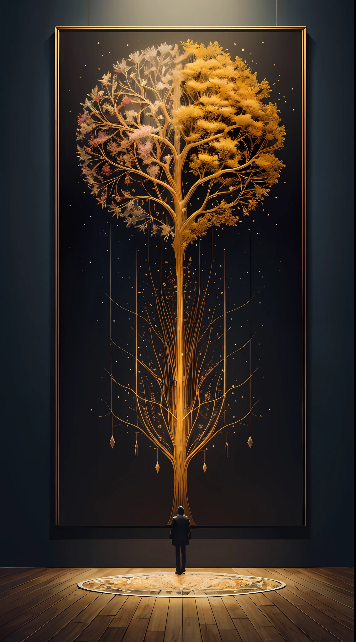 Beautiful symmetrical full body photo painted in oil with thick brushstrokes and wet paint, Fibonacci, golden ratio, melted wax, visible brushstrokes, surrounded by crystal spheres, 3D tessellation wireframe, neural graphic, neurons, tree of life, color, love, passion, oil on canvas, thick brushstrokes, insanely detailed, 8k uhd, masterpiece, artstation, surreal
