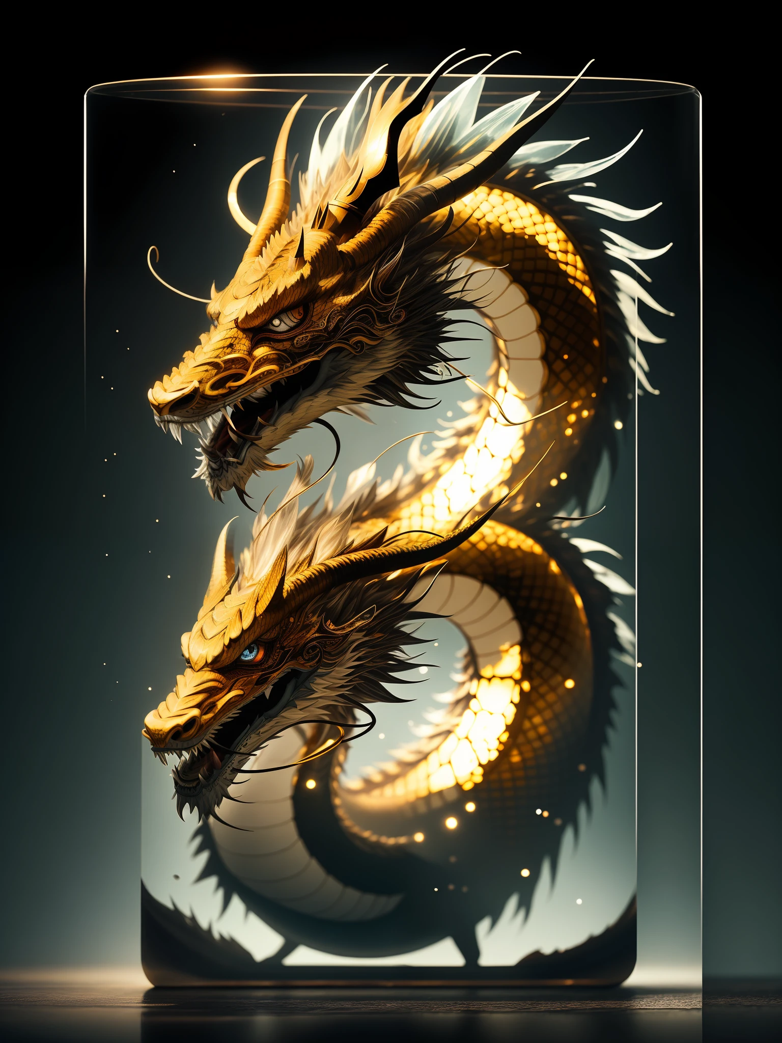 Chinese dragon made of crystal, 4K, (Cyborg:1.1), ([Tail|thin linework]:1.3), (intricately details), hdr, (intricately details, Super detail:1.2), Cinematography, Vignetting, centering