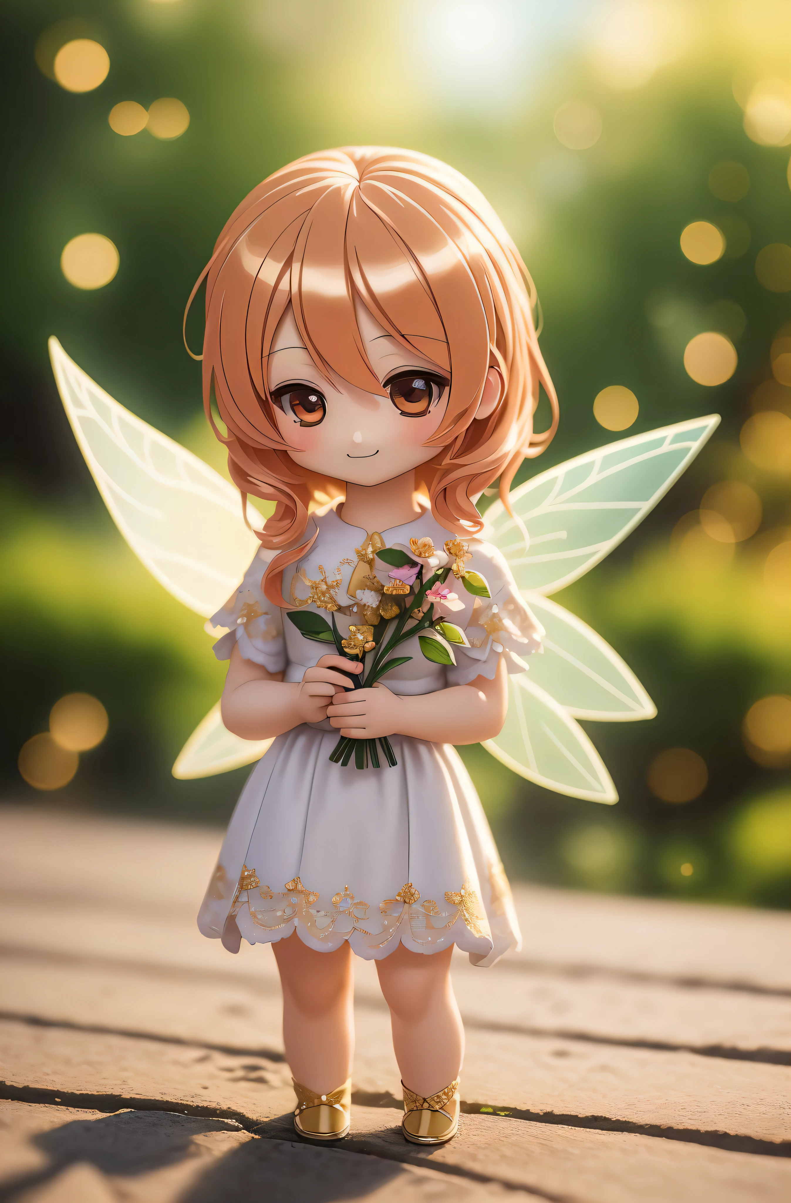 ((best quality)), ((masterpiece)), ( extreme detailed, highest detailed, official art, beautiful and aesthetic:1.2), depth, composition 
FULL BODY, (CHIBI:1.5), Cute, (beautiful and detailed eye:1) , smilling, bokeh, bloom, blurred background , fairy, angel, (full body:1.5), photography, cinematic lighting, golden ratio