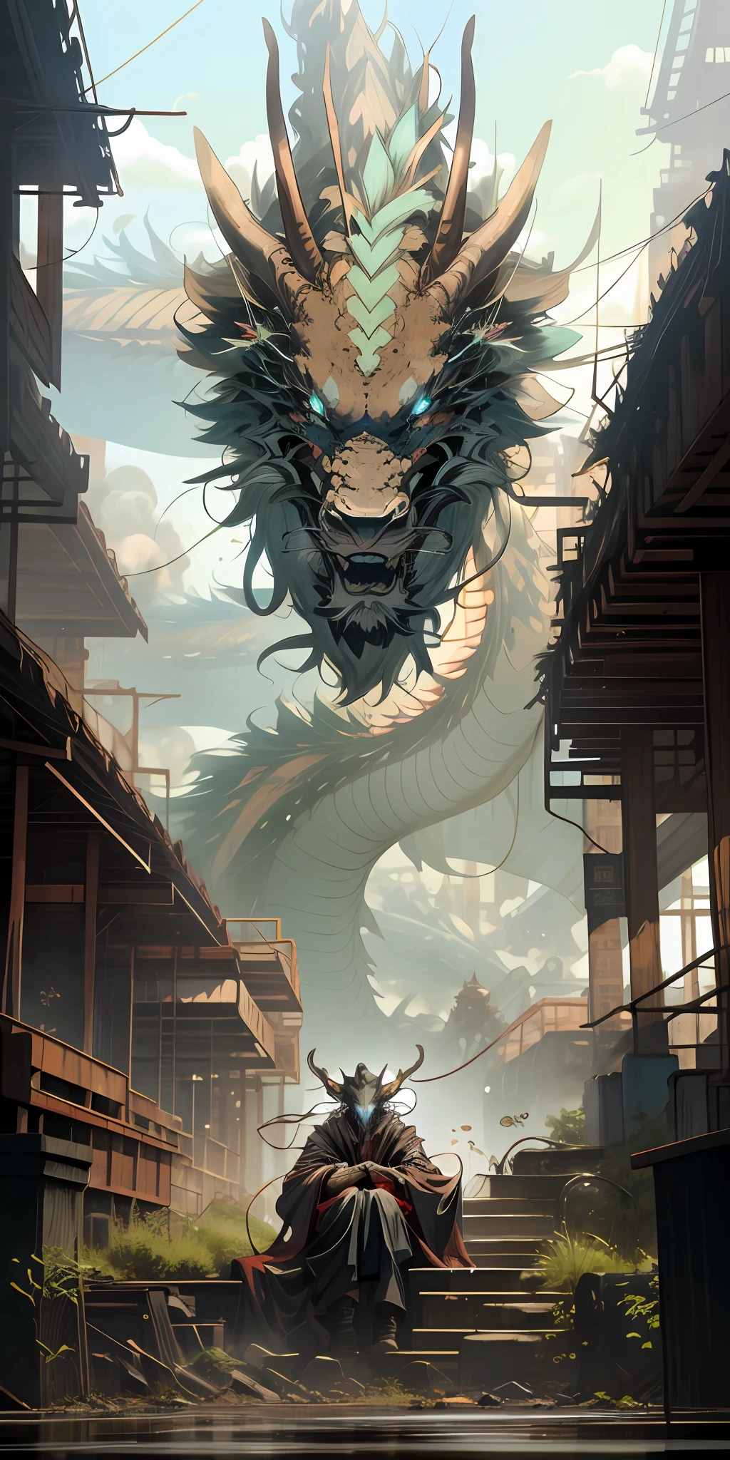 Portrait photo of an alpha male，A Chinese dragon behind him，perfect  eyes，wearing a worn-out mech suit，iintricate，（Steel metal[rusted]），ellegance，Clear focus，Photo by Greg Rutkowski，gentlesoftlighting，vivd colour，tmasterpiece，（（the street）），cow boy shot，dynamicposes，