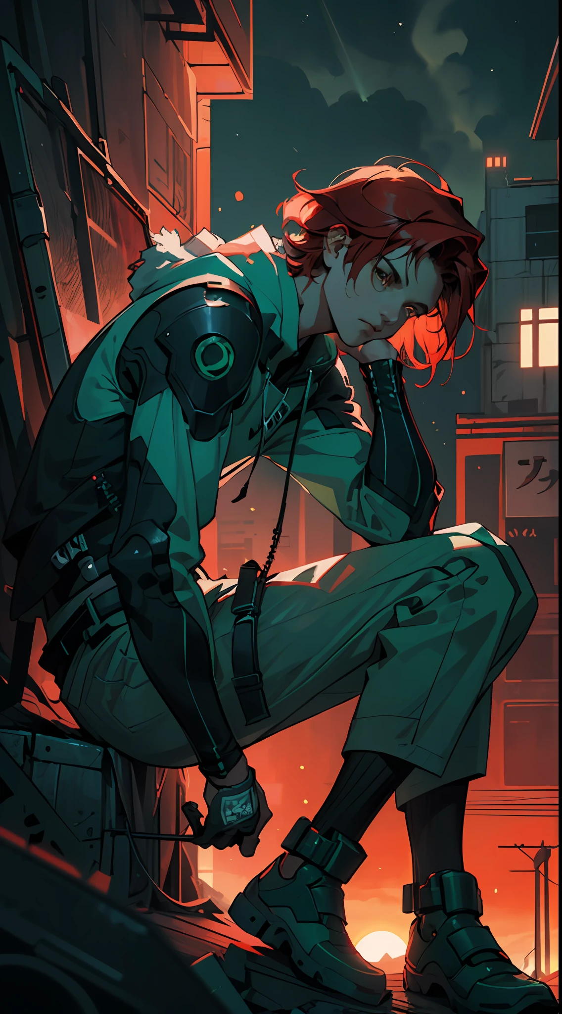 Smoke, (war:1.5), postapocalypse, ((Planets in the sky, stars in thr sky)), ((Dark green sunset:1.3)), (Green sky:1.2), green light, The ruined backdrop of the city, ((spaceship in the sky)), science-fiction, (sports body: 1.4), ((1male)), sitting on the rubble of a building, (Tired look:1.3), (short red hair:1.4), (Brown eyes:1.2), (Detailed eyes and face:1.3), (Cyberpunk clothes), (clothes in black and white colors), Fur Arm, Cyborg Arm, city   of the future, (calm face:1.3), Destroyed skyscrapers, Wire, HDR (High Dynamic Range), ray traced, NVIDIA RTX, Over-resolution, Unreal 5, sub-surface Scattering, текстурирование PBR, postprocessed, Anisotropic filtering, Depth of field, Maximum clarity and sharpness, Multi-layer Textures, Albedo and specular maps, Surface shading,  Accurate Light-Material Interaction Simulation, Octane rendering, duotone lighting, Low ISO, White balance, the rule of thirds, Wide aperture, 8K RAW, efficient sub-pixel, sub-pixel convolution, (luminescent particles: 1.4), {{tmasterpiece, beste-Qualit, extremely detailed CGI, Unity 8k壁纸, 3d, 电影灯光, lens flares}},