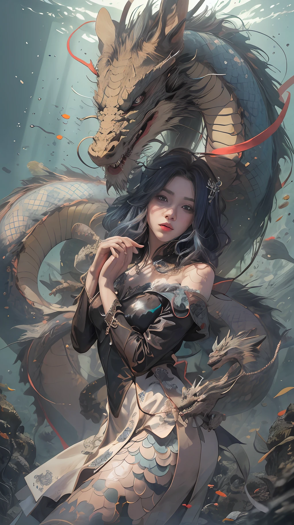 1 girl,  Wrap your hands around your chest, The Chinese dragon behind him，abyssal, Dark blue hair, Curly hair, ribbon,The eyes are shining, sensual lip,  curtained hair, hair over shoulders, romanticism lain, god light,, partial underwater shot, From below, (Masterpiece), Anatomically correct, (Super detail), High details, High quality, (Best quality), 8K，Princess-like