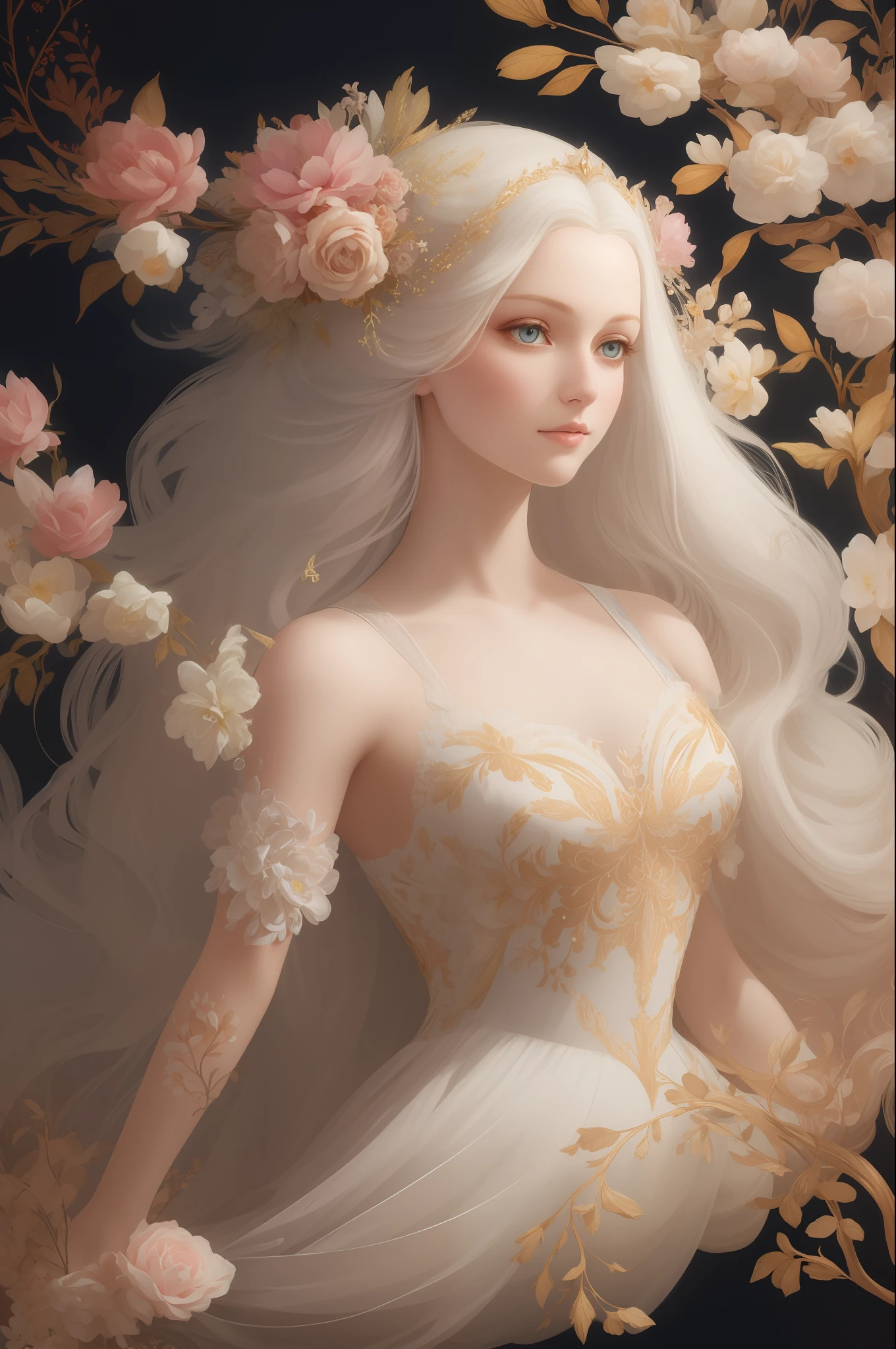 ((gorgeous princess)), (with long flowing white hair), (bright and beautiful eyes), trending on Art Station, flower of hope by Jean-Honor Fragonard, Peter mohrbacher, super detailed, crazy details , stunning sophisticated elite art nouveau ornate liquid wax elegant luxurious greg rutkowski ink style sticker vector art beautiful character design double exposure shot luminous design, winning entry, masterpiece, amoled black background,