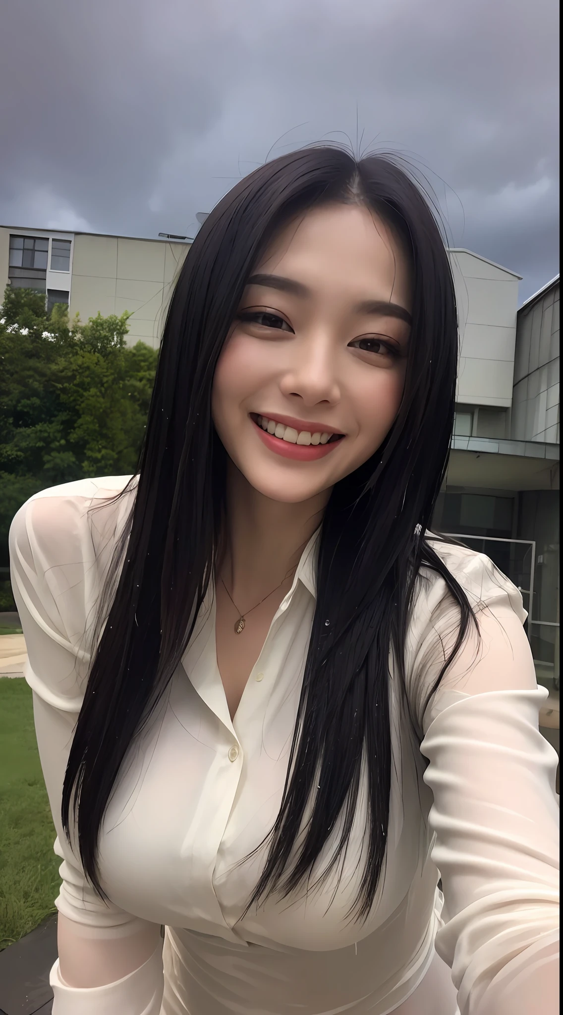 ((Best Quality, 8K, Masterpiece: 1.3)), midnight, open white silk shirt, massive gigantic saggiest longest breasts, skinny, smiling, leaning forward, long black straight hair, wet under the rain, highest resolution, highly detailed, dark lighting, night, close-up