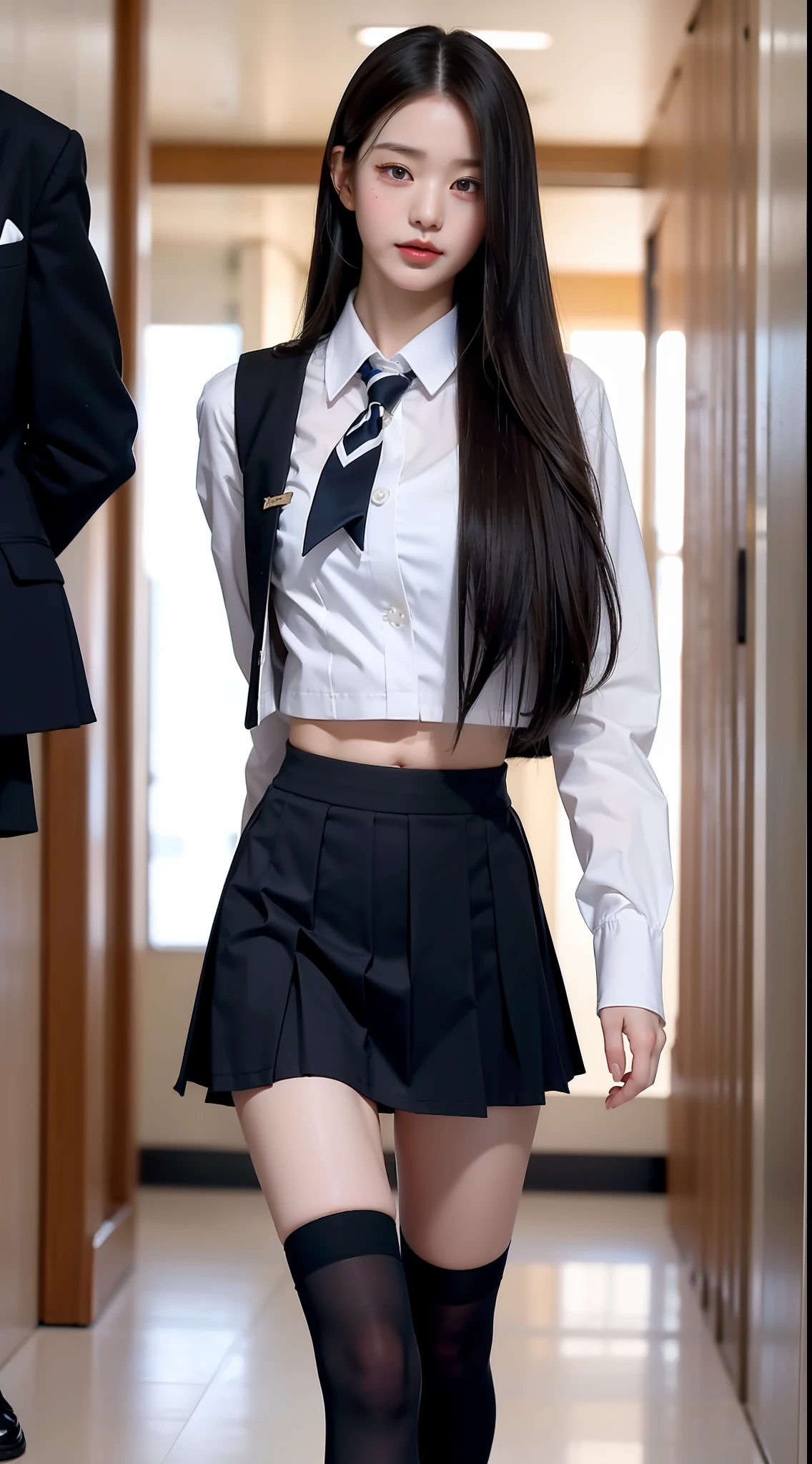 top-quality、​masterpiece、1 、A slender、length hair、small tits、Summer uniform、hyperdetailed face、Detailed eye、二重まぶた、pleatedskirt、knee high socks、full bodyesbian、without background、Beautiful abs、a navel、Girl walking in school hallway、Black shoes