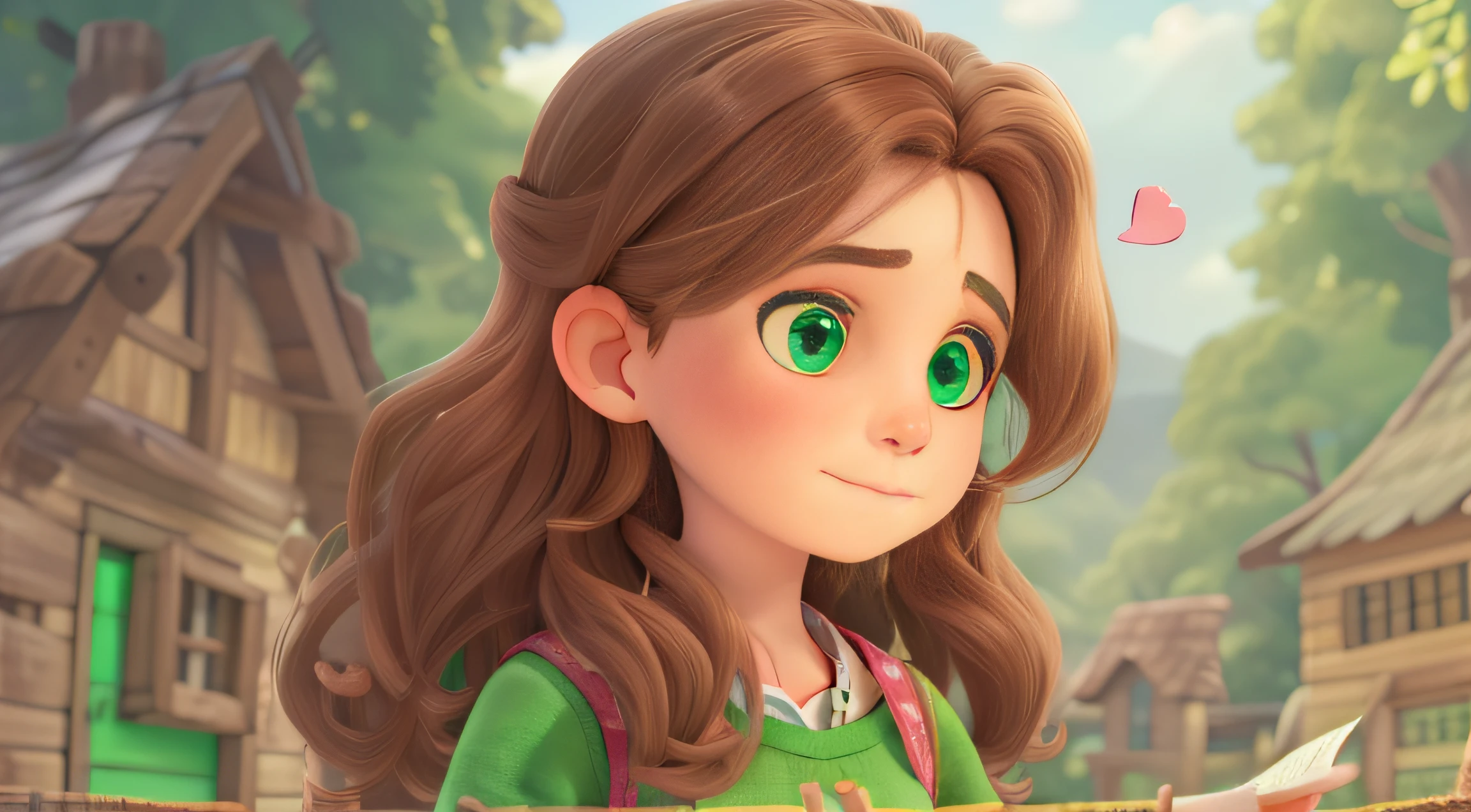 Amela Margaret, a 12-year-old girl with emerald green eyes, chestnut brown hair, and a heart-shaped face, eagerly looking at the map