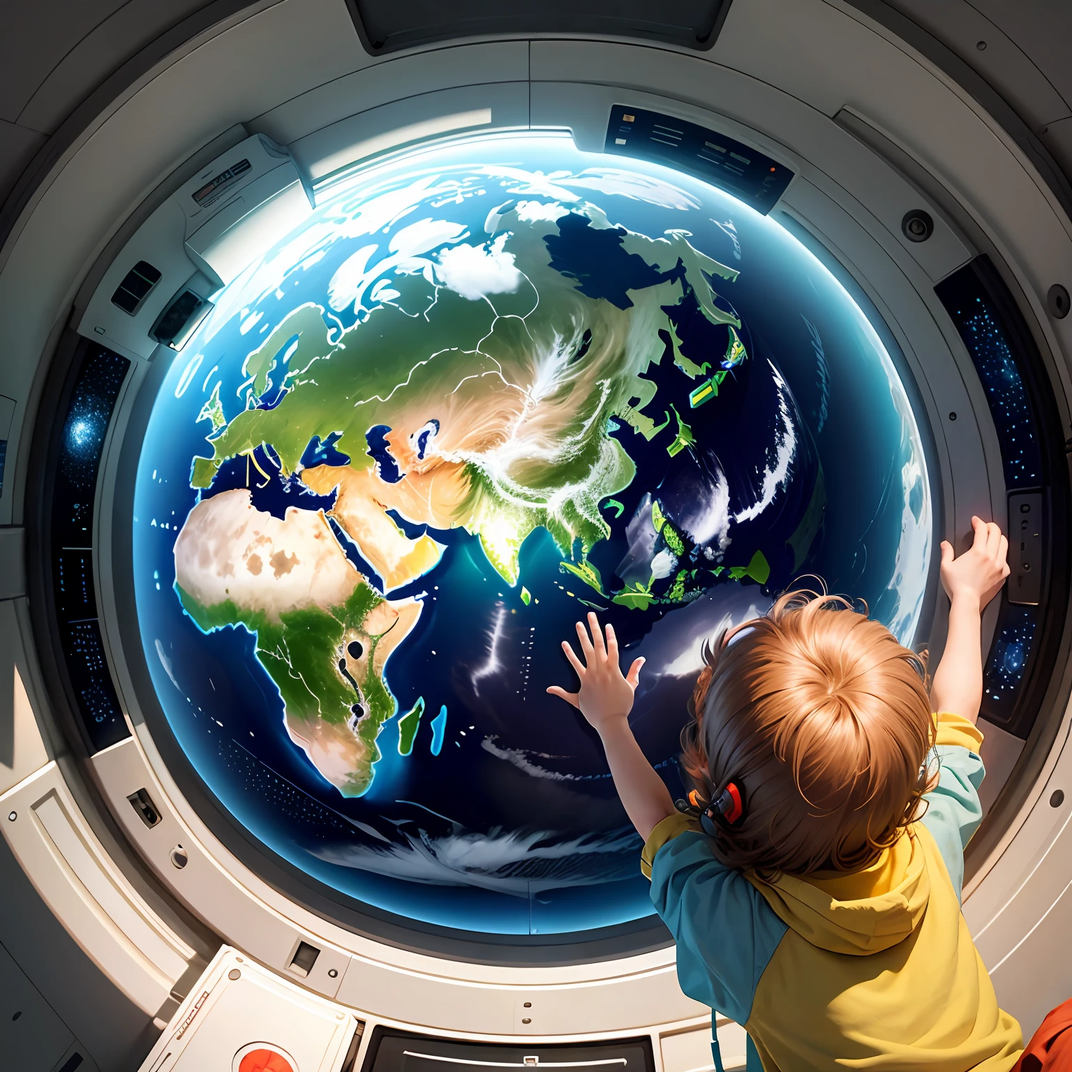 Children returning from a space adventure happy inside the spaceship and the planet Earth being seen through the window of the spaceship --auto