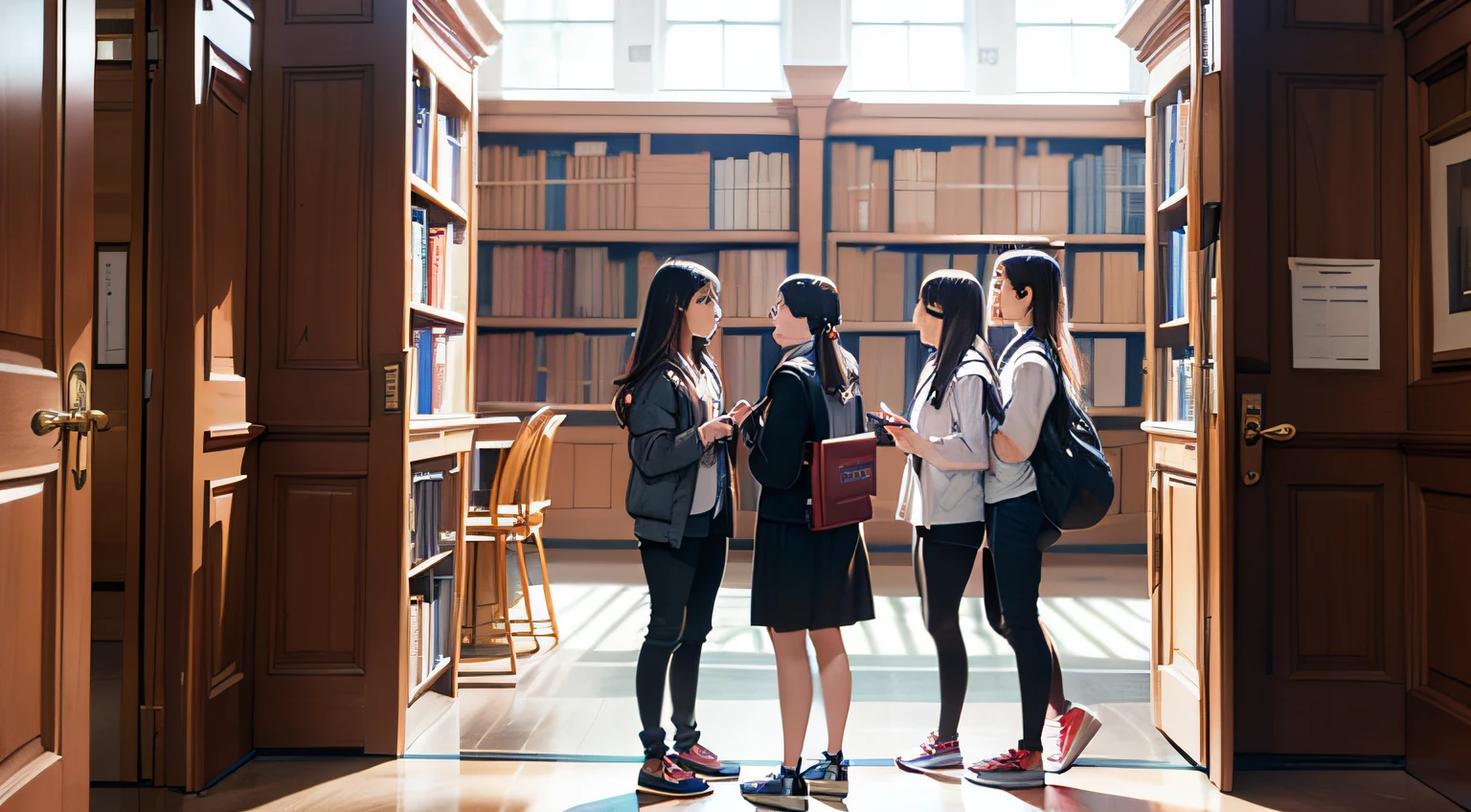Library doorway,Multiple students talk to each other