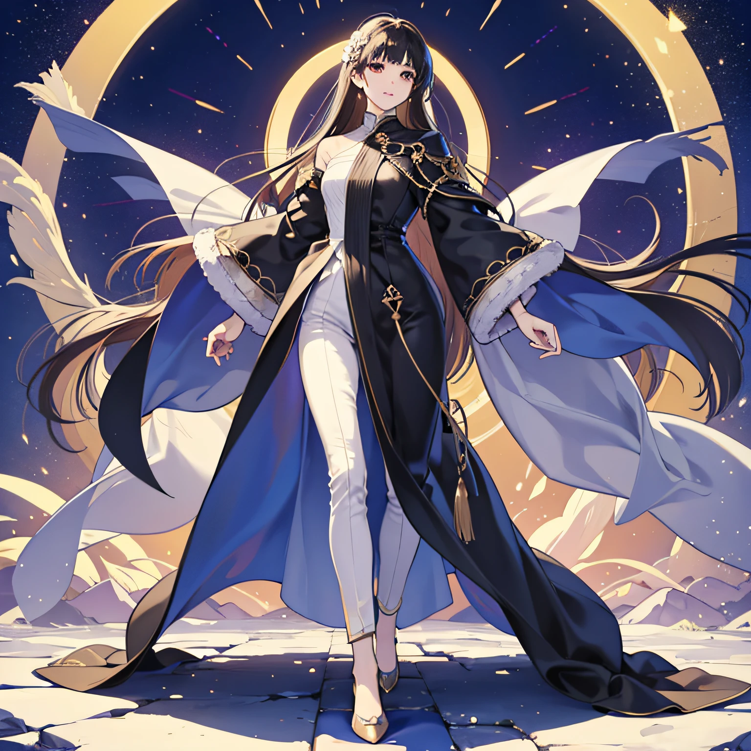 Masterpiece, a beautiful void goddess, full body white transparent clothes standing under empty night stars, disappearing transparent pants, full body standing, tall figure, slender legs, facial details, detailed body part details, 8k wallpaper --auto