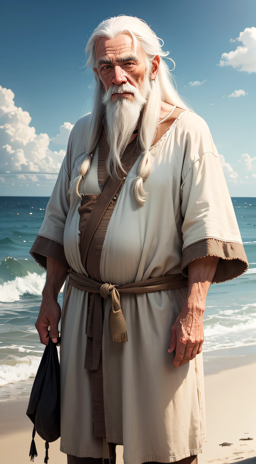 old man, with long white hair, wrinkles on his face, sackcloth clothes, by the sea --auto