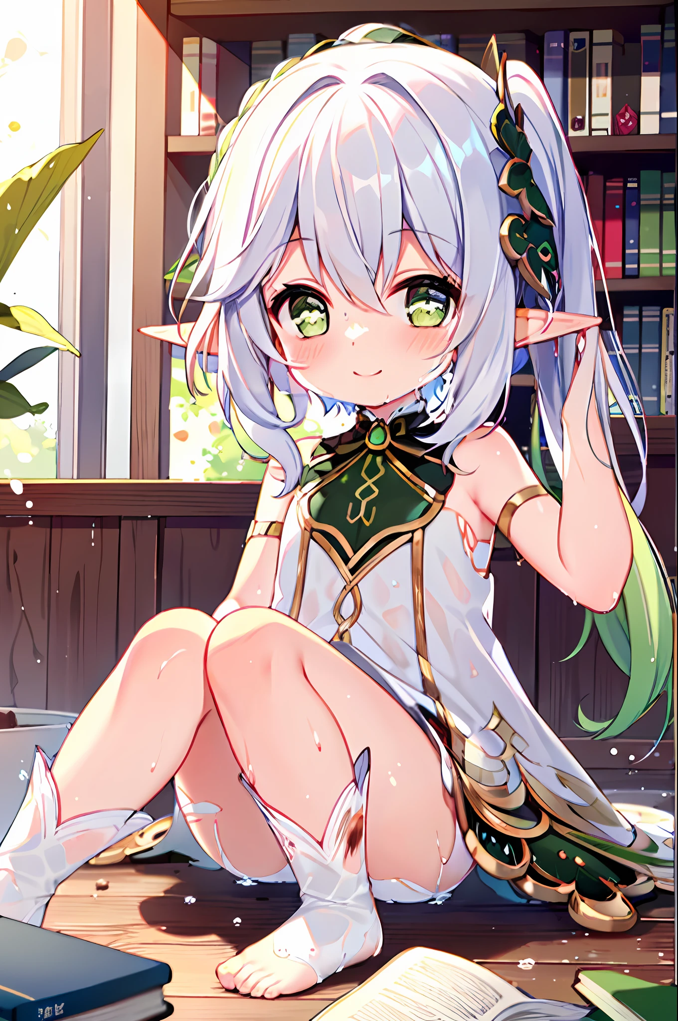 (1 naked sitting on the floor,Smiling, the dress is torn and dirty, The girl is happy, the clothes are all wet.),White hair,Green eyes,At night, bookshelves, Books, Nasida, ears of elf, Girl, Lolite feet